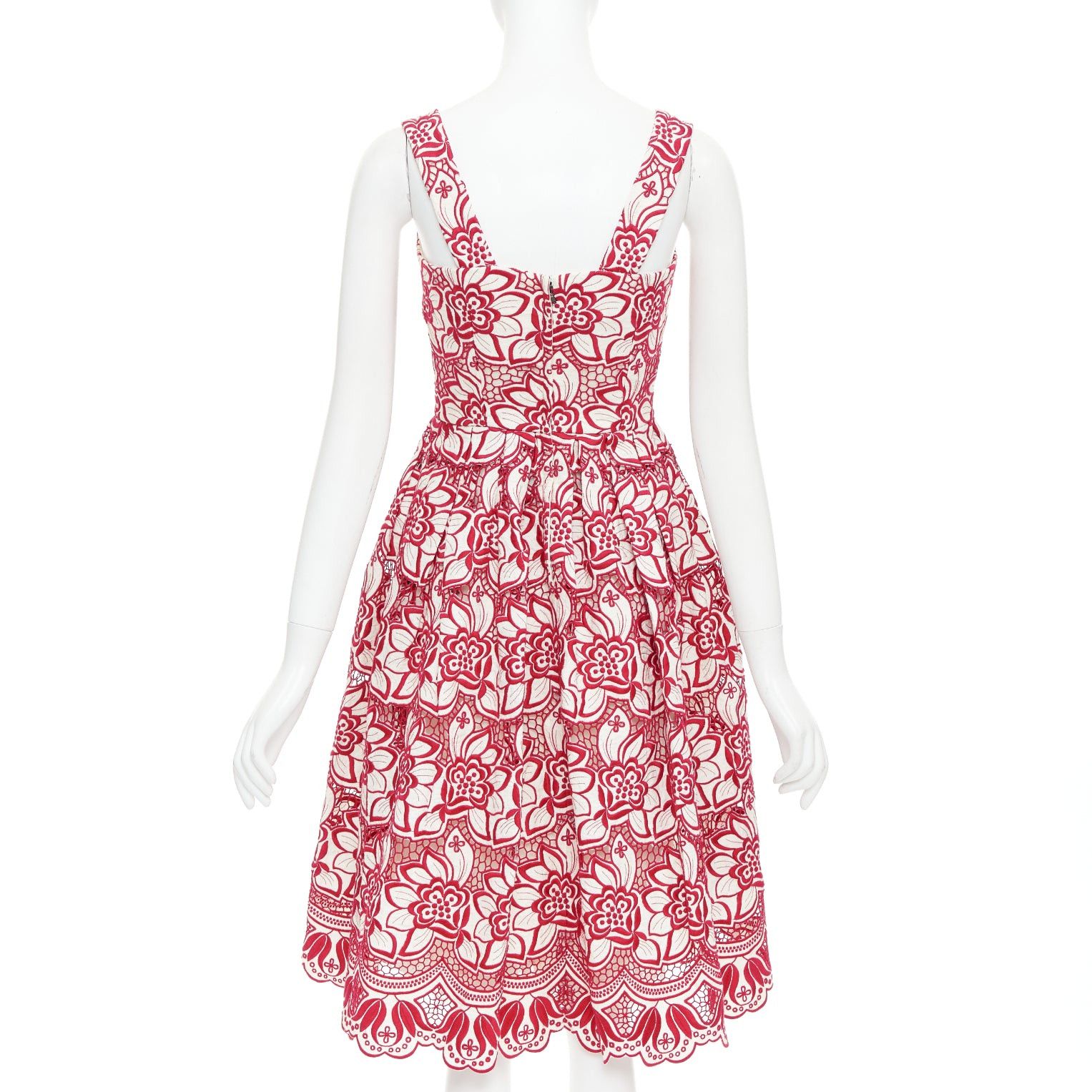 Dolce & Gabbana DOLCE GABBANA 2021 red cream floral embroidery anglais flared sun dress IT38 XS Size XS / US 0-2 / IT 36-38 - 5 Thumbnail