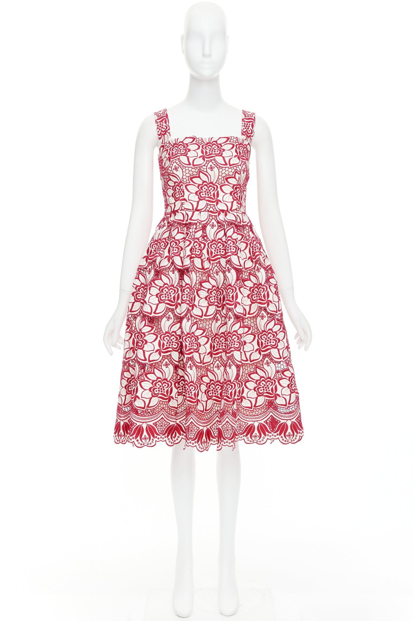 Dolce & Gabbana DOLCE GABBANA 2021 red cream floral embroidery anglais flared sun dress IT38 XS Size XS / US 0-2 / IT 36-38 - 9 Thumbnail