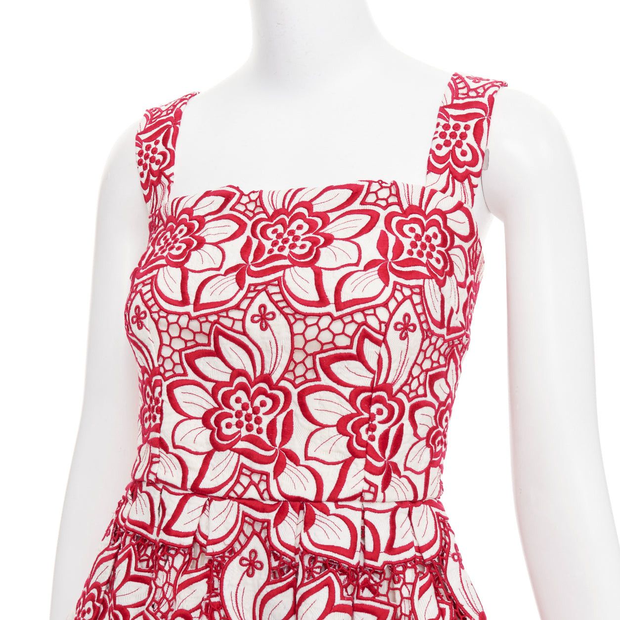 Dolce & Gabbana DOLCE GABBANA 2021 red cream floral embroidery anglais flared sun dress IT38 XS Size XS / US 0-2 / IT 36-38 - 2 Thumbnail