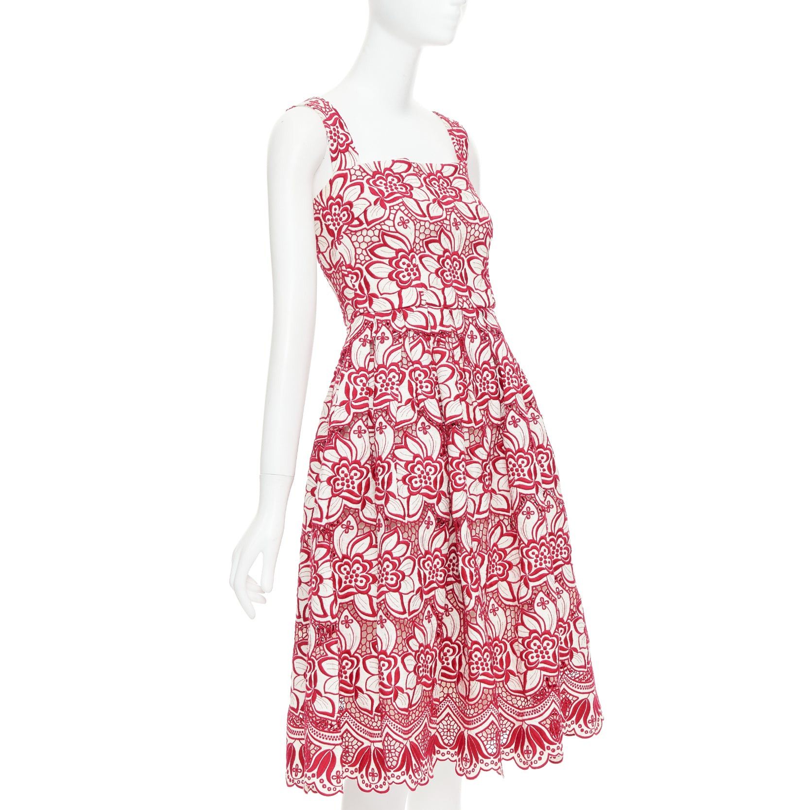 Dolce & Gabbana DOLCE GABBANA 2021 red cream floral embroidery anglais flared sun dress IT38 XS Size XS / US 0-2 / IT 36-38 - 3 Thumbnail
