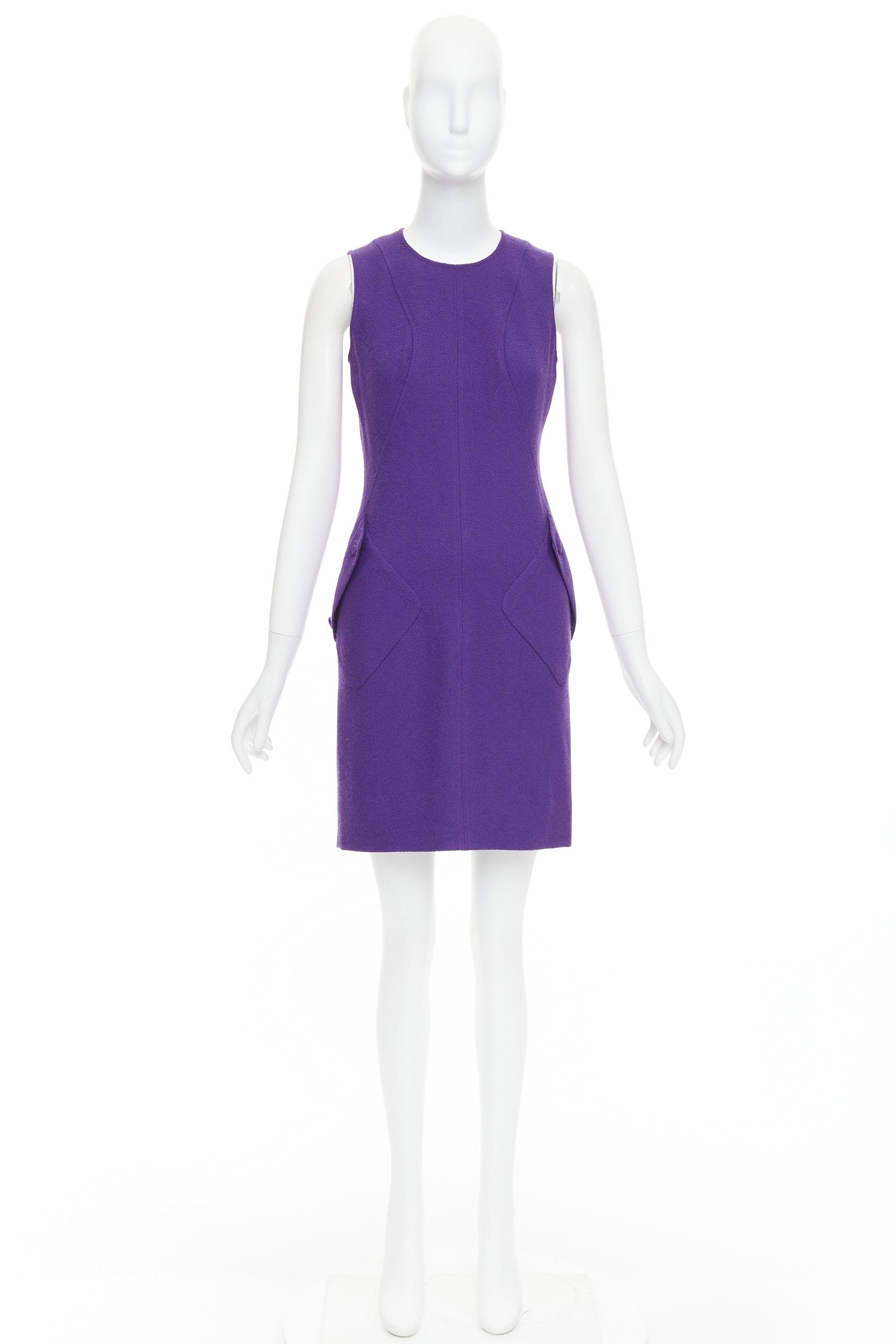 Versace VERSACE purple boucle wool Medusa button slant pocket dress IT38 XS Size XS / US 0-2 / IT 36-38 - 9 Thumbnail
