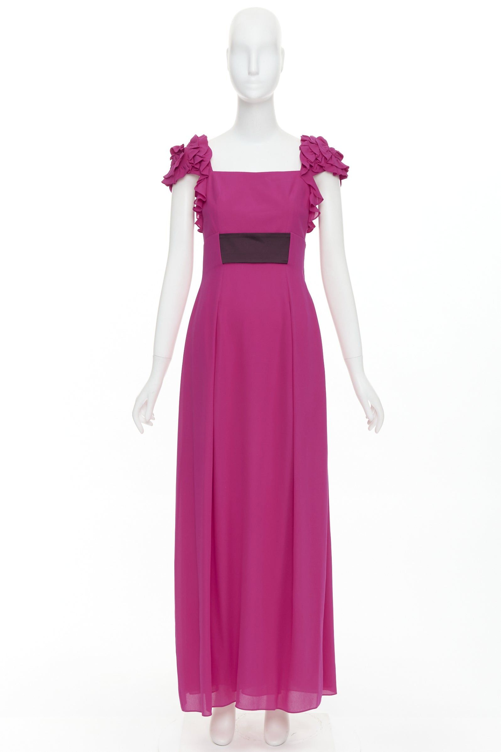 Escada ESCADA Vintage fuchsia pink black silk rose applique midi gown FR34 XS Size XS / US 0-2 / IT 36-38 - 9 Thumbnail
