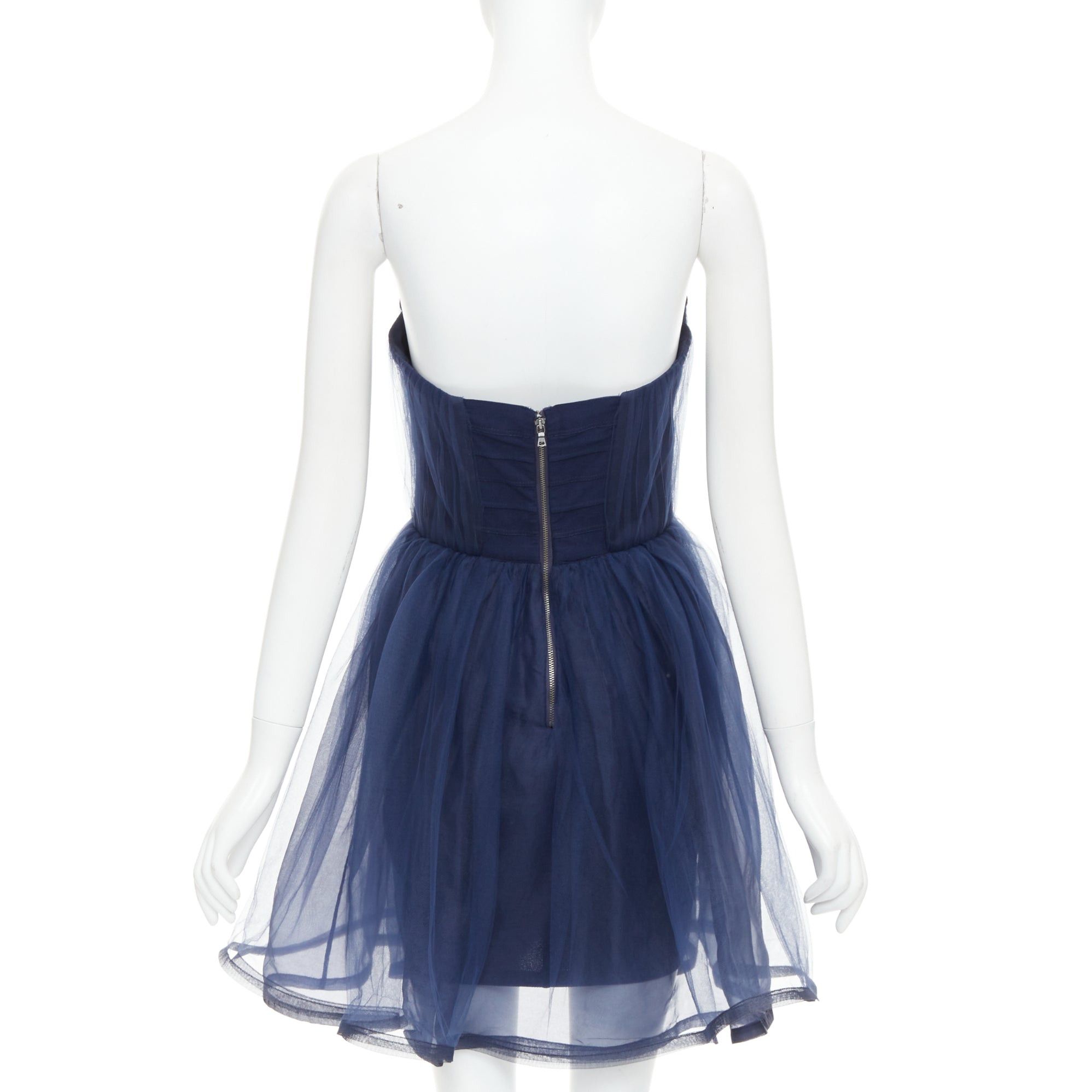 Alice + Olivia ALICE OLIVIA Landi Gathered navy tulle sheer overlay silk trimmed babydoll dress Size S / US 4 / IT 40 - 5 Thumbnail