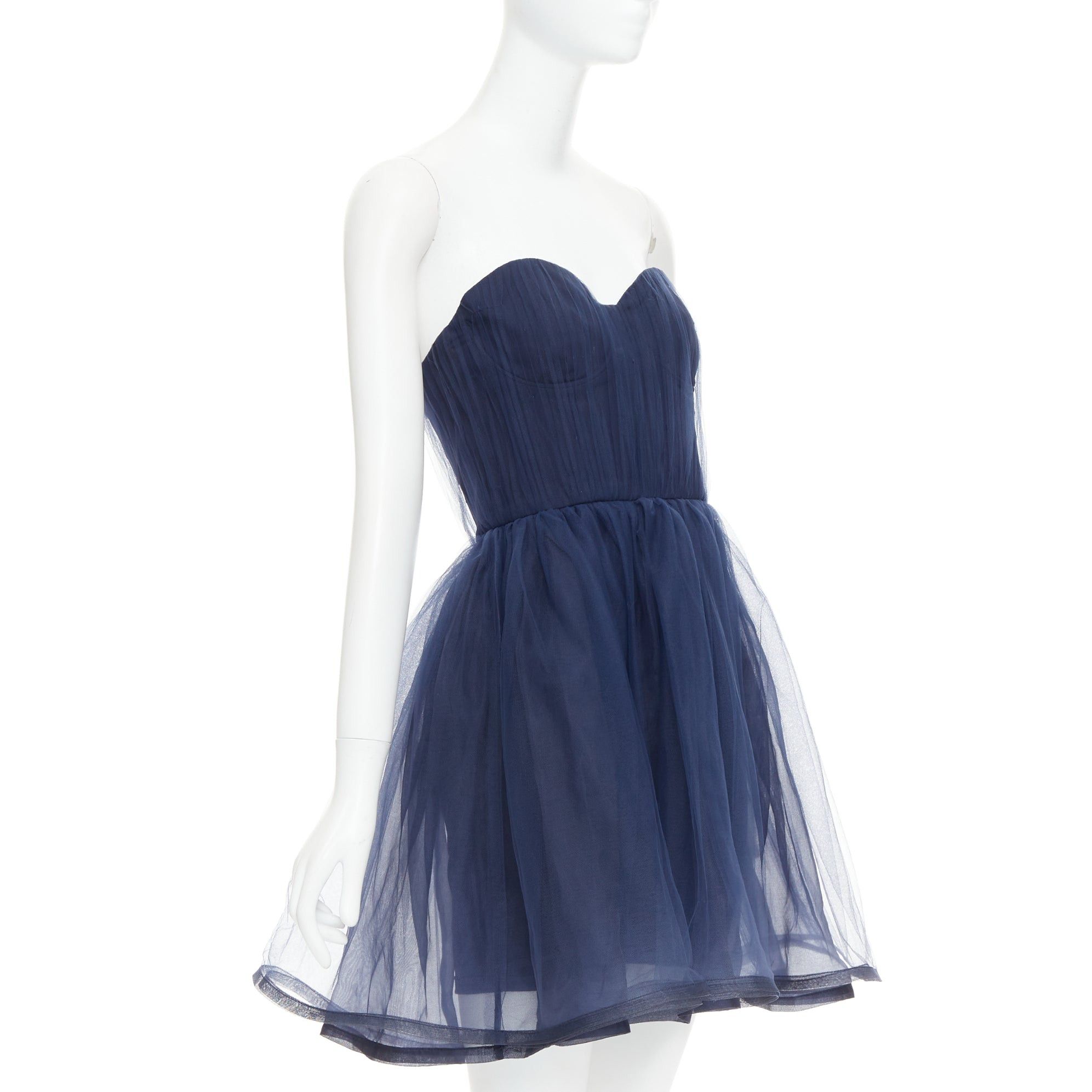Alice + Olivia ALICE OLIVIA Landi Gathered navy tulle sheer overlay silk trimmed babydoll dress Size S / US 4 / IT 40 - 3 Thumbnail