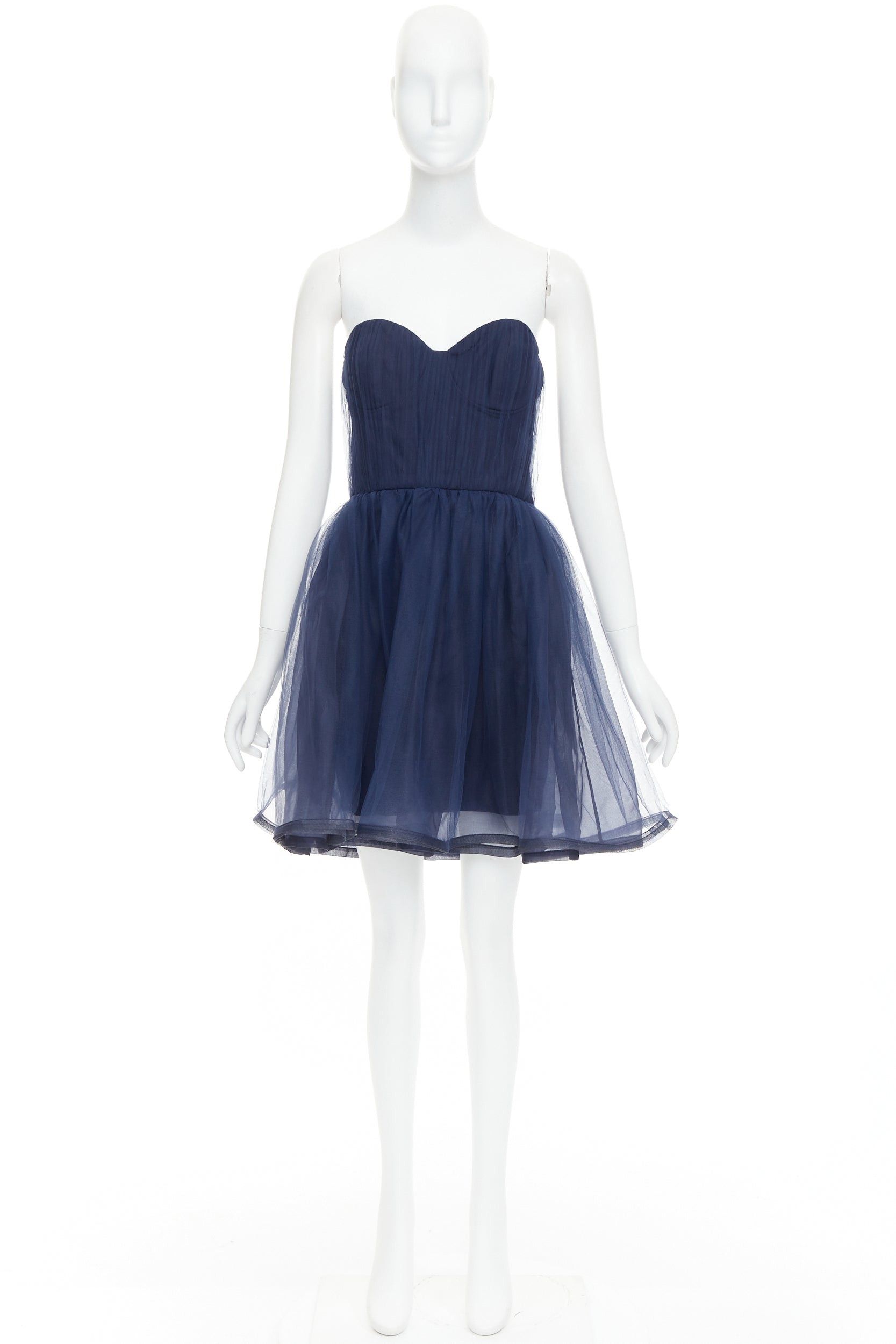 Alice + Olivia ALICE OLIVIA Landi Gathered navy tulle sheer overlay silk trimmed babydoll dress Size S / US 4 / IT 40 - 9 Thumbnail