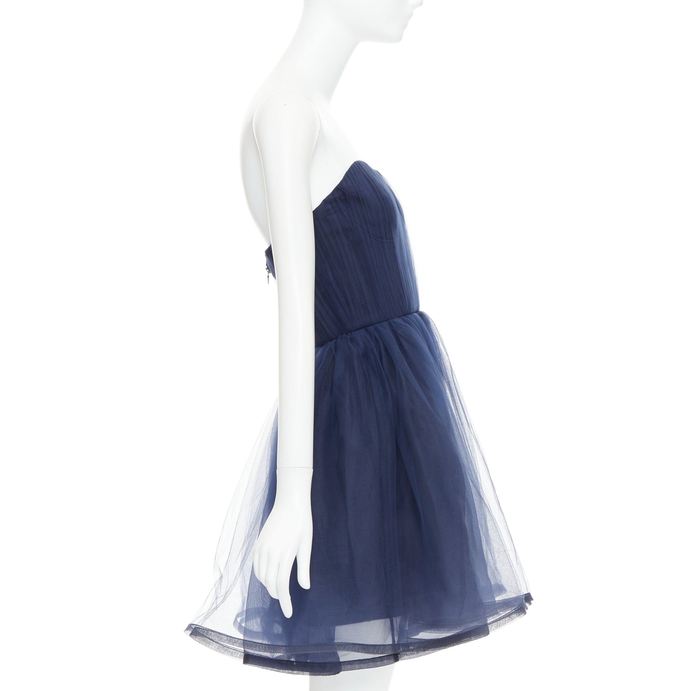 Alice + Olivia ALICE OLIVIA Landi Gathered navy tulle sheer overlay silk trimmed babydoll dress Size S / US 4 / IT 40 - 4 Thumbnail