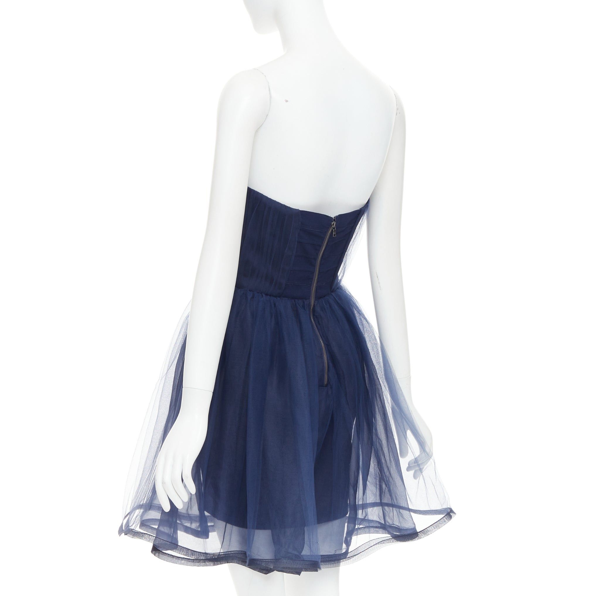 Alice + Olivia ALICE OLIVIA Landi Gathered navy tulle sheer overlay silk trimmed babydoll dress Size S / US 4 / IT 40 - 6 Thumbnail