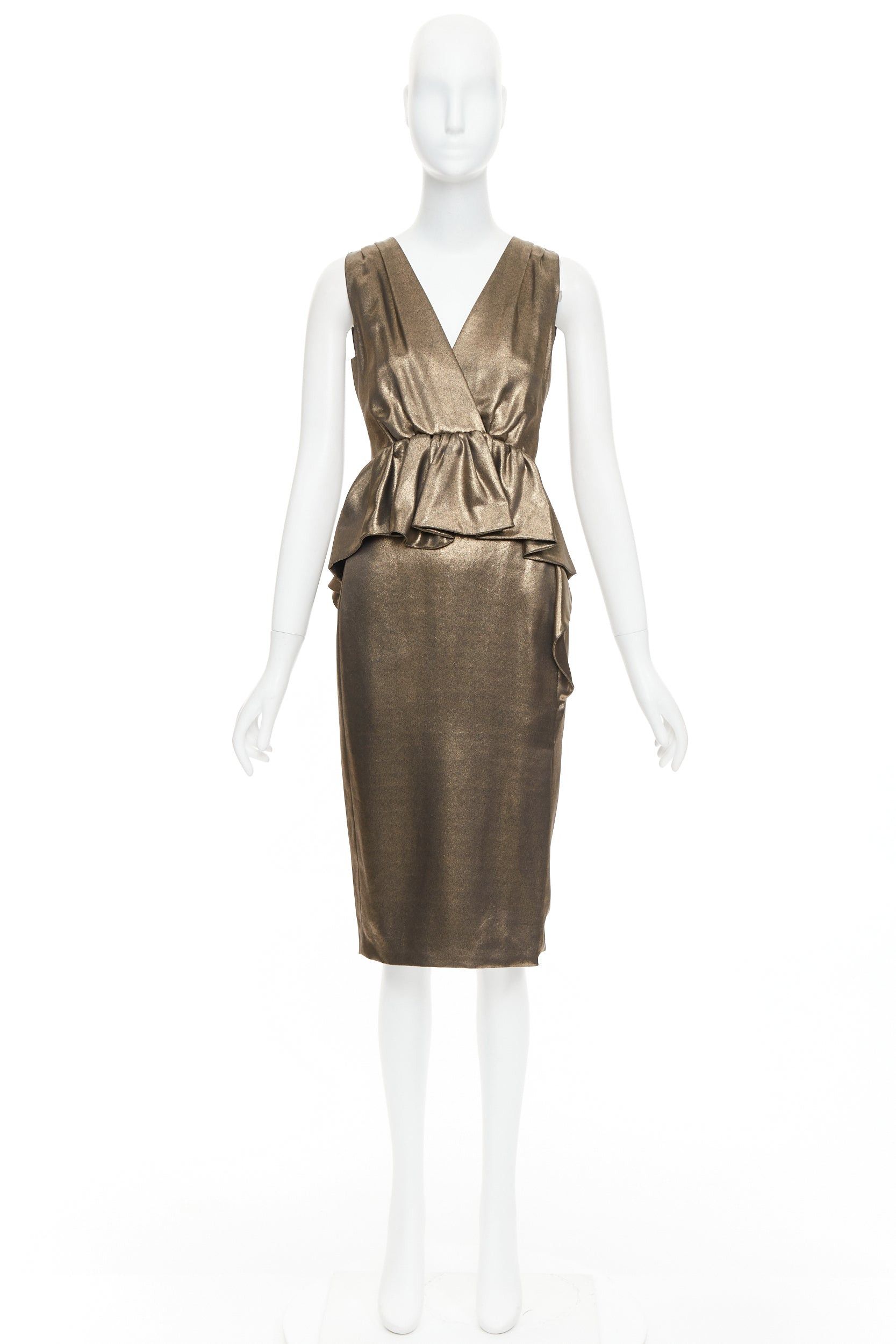 MOSCHINO rustic metallic gold draped peplum V-neck midi cocktail dress IT40 S