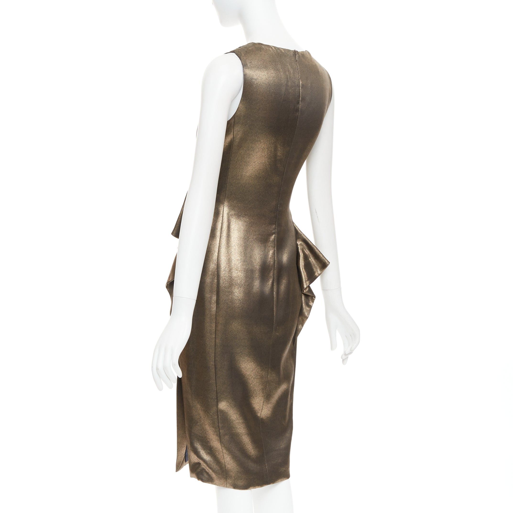 MOSCHINO rustic metallic gold draped peplum V-neck midi cocktail dress IT40 S