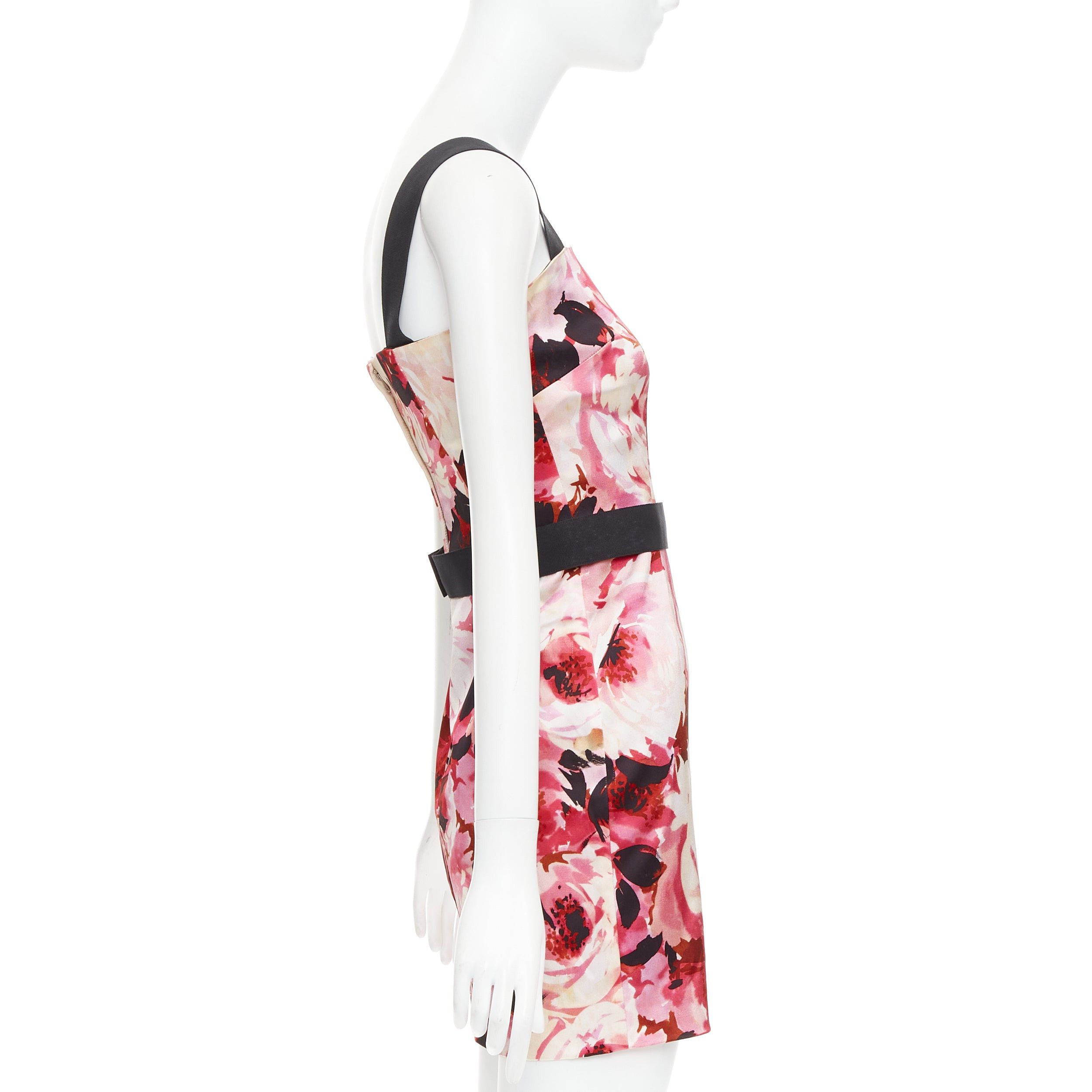Dolce & Gabbana DOLCE GABBANA Vintage pink rose peonies floral black strap mini dress IT40 S Size S / US 4 / IT 40 - 4 Thumbnail