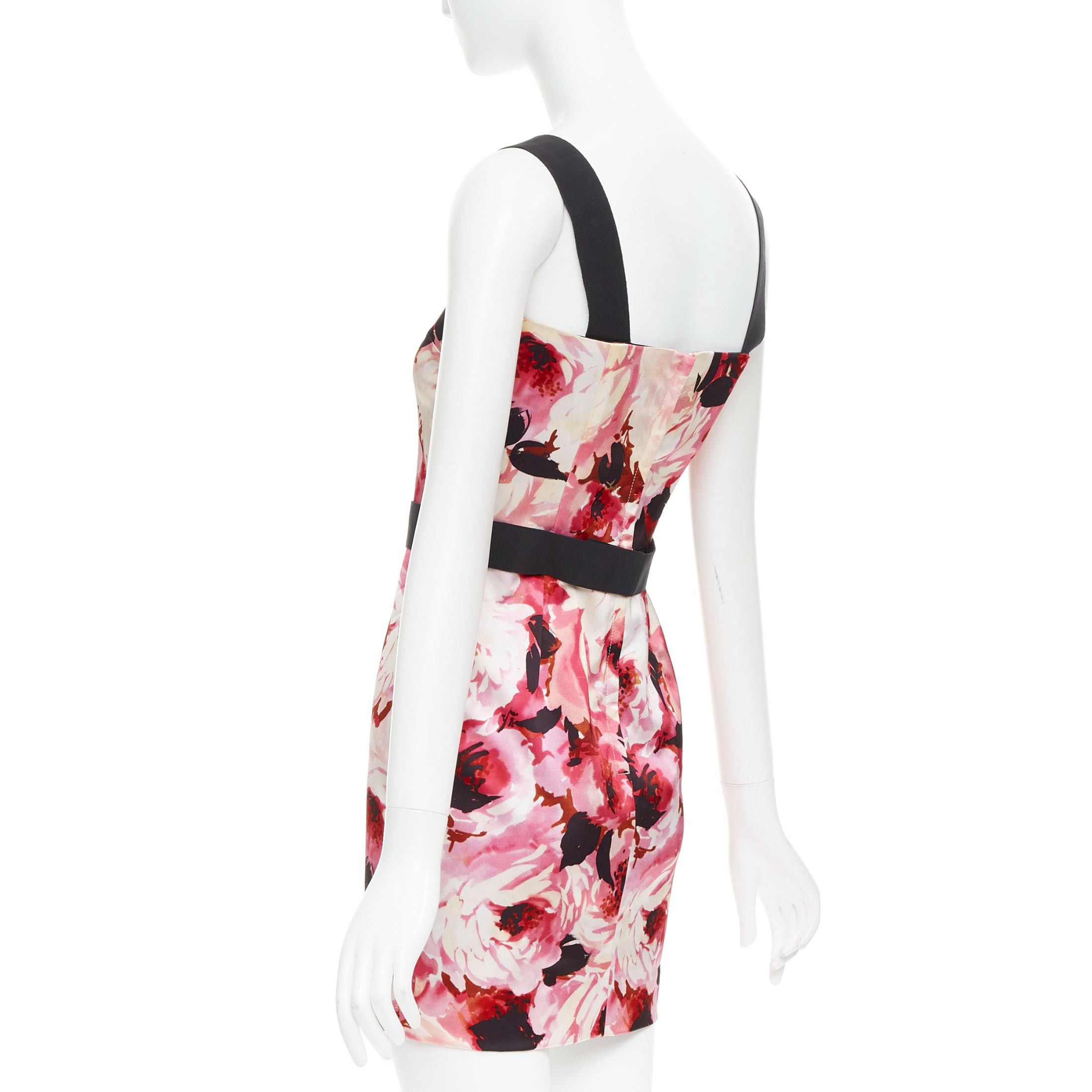 Dolce & Gabbana DOLCE GABBANA Vintage pink rose peonies floral black strap mini dress IT40 S Size S / US 4 / IT 40 - 6 Thumbnail
