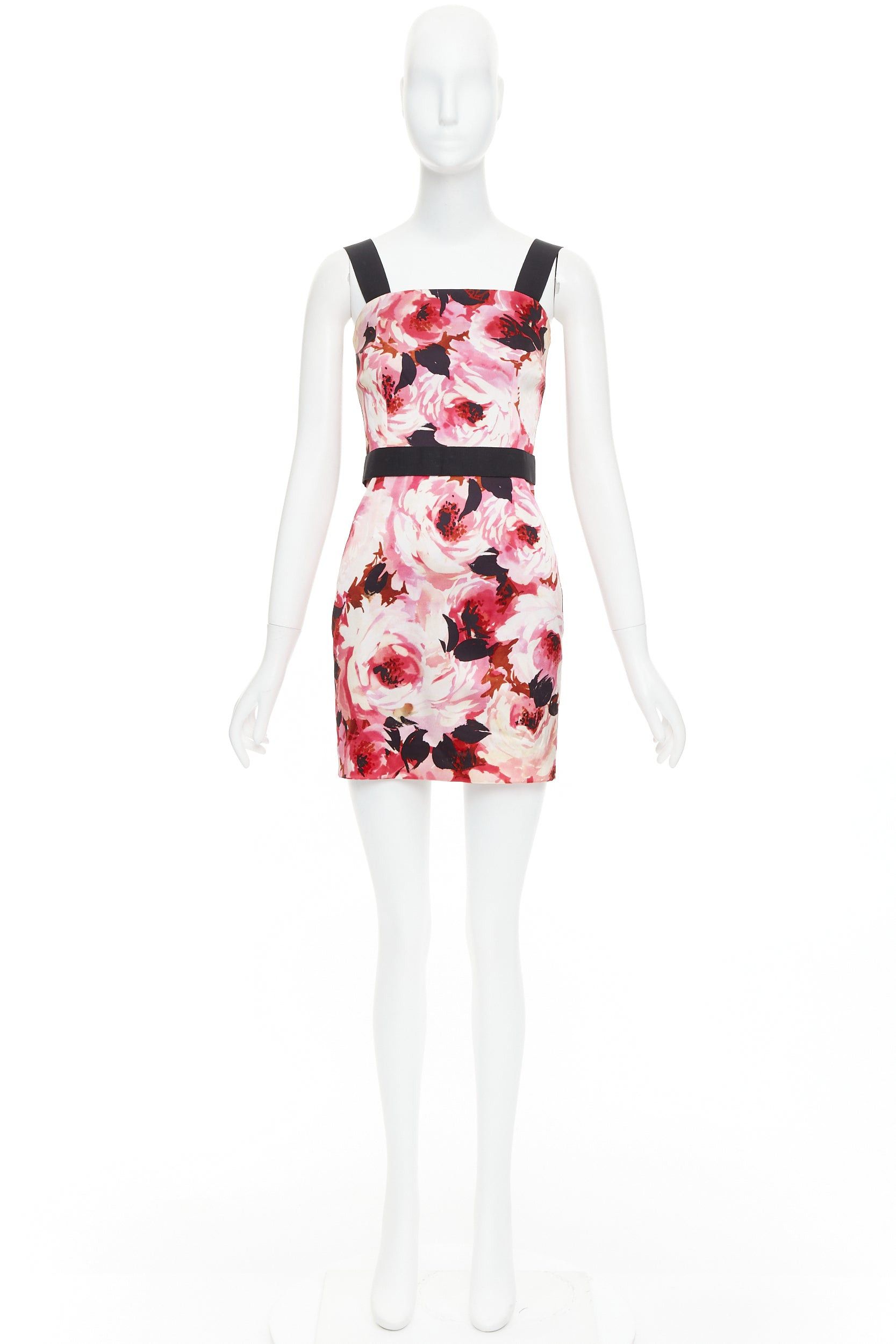 Dolce & Gabbana DOLCE GABBANA Vintage pink rose peonies floral black strap mini dress IT40 S Size S / US 4 / IT 40 - 9 Thumbnail