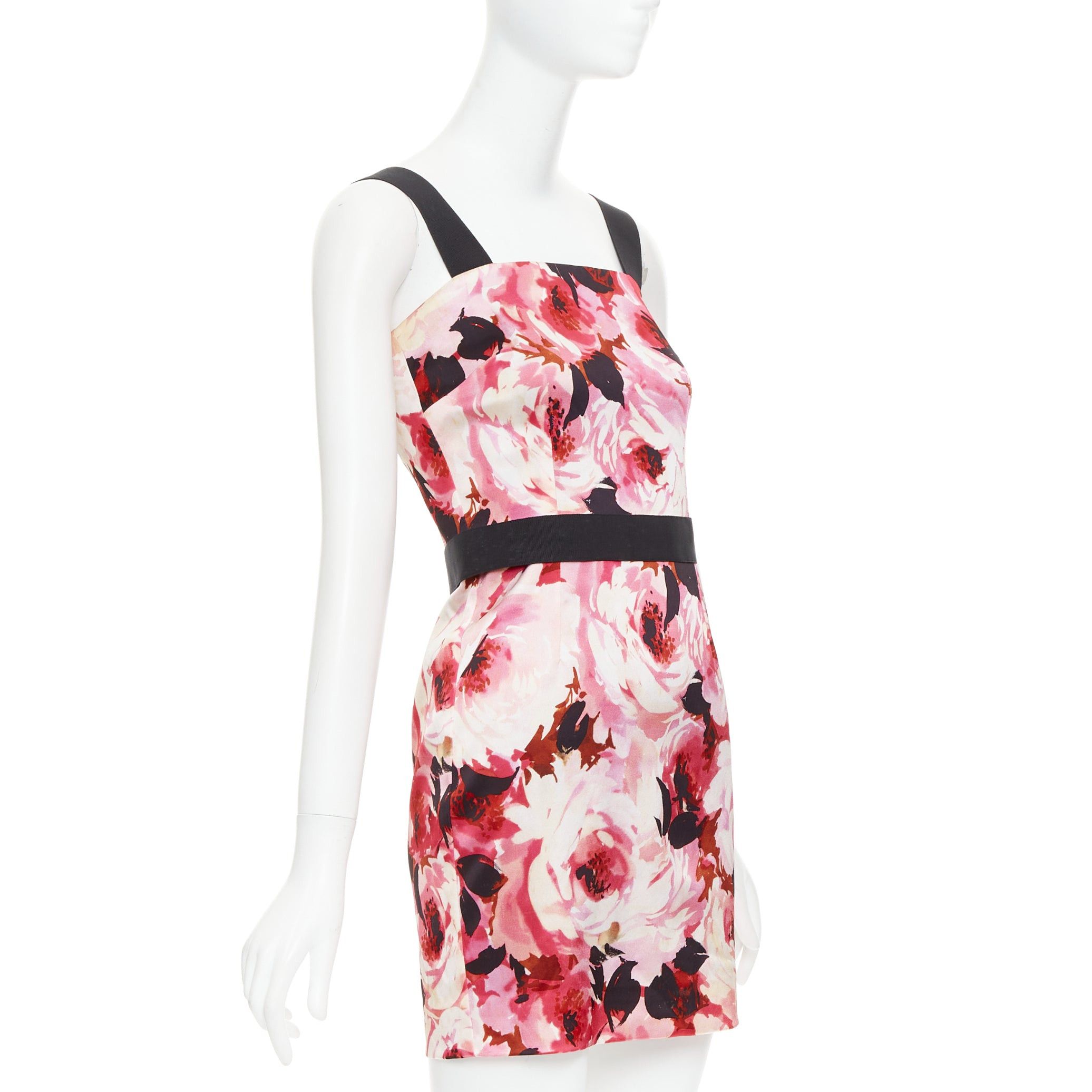 Dolce & Gabbana DOLCE GABBANA Vintage pink rose peonies floral black strap mini dress IT40 S Size S / US 4 / IT 40 - 3 Thumbnail