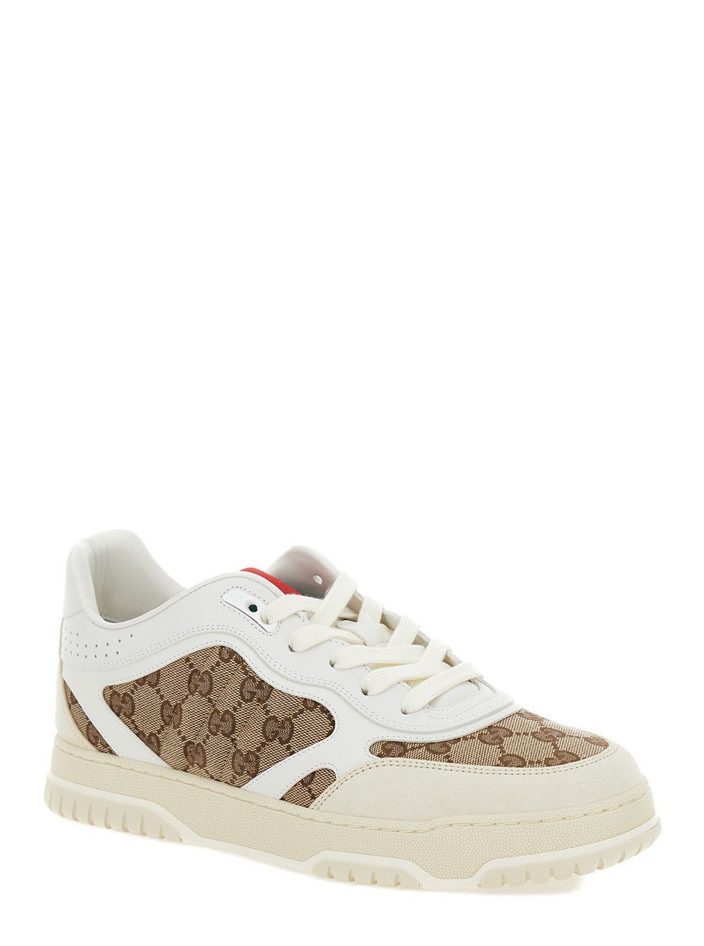 'Re-Web' Beige and Ebony Low Top Sneakers with Gucci Lettering in Leather and Original GG Fabric Man