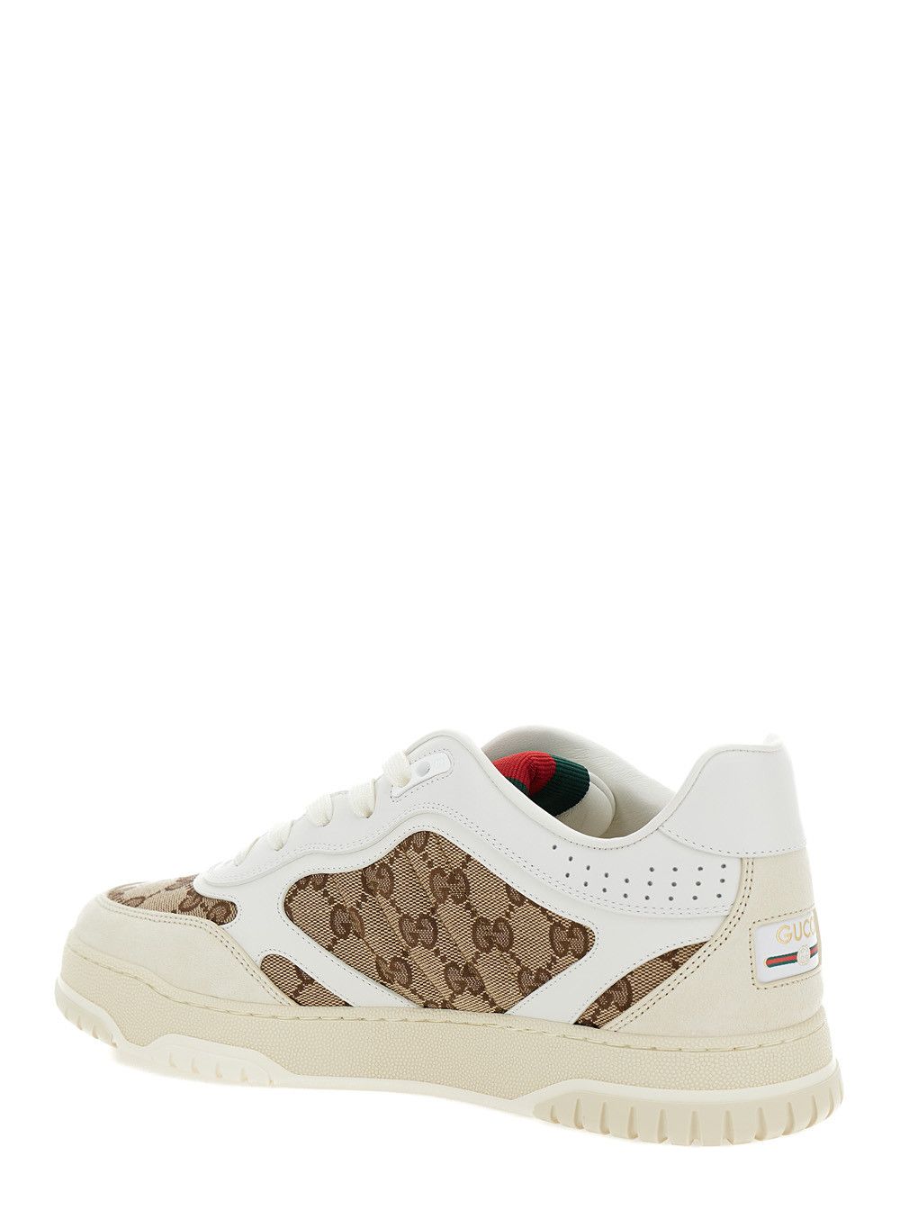 'Re-Web' Beige and Ebony Low Top Sneakers with Gucci Lettering in Leather and Original GG Fabric Man