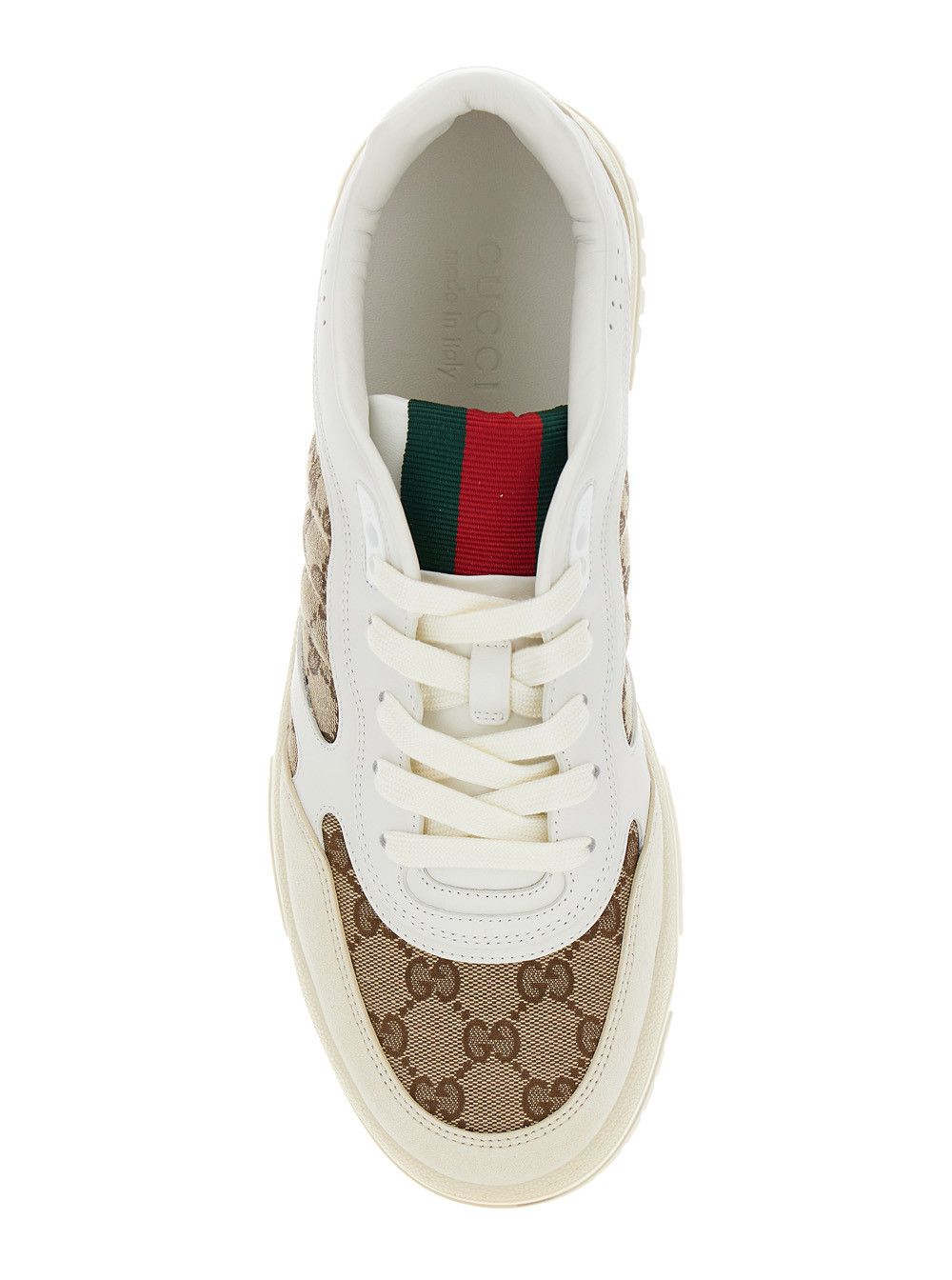'Re-Web' Beige and Ebony Low Top Sneakers with Gucci Lettering in Leather and Original GG Fabric Man