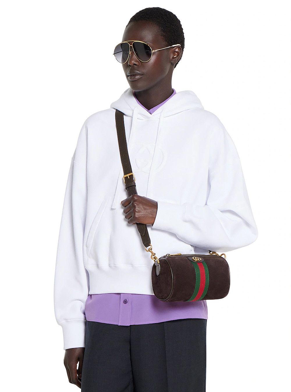 Gucci 'Ophidia Mini' Brown Handbag with GG Logo and Web Detail on the Front in Suede Man Size ONE SIZE - 6 Thumbnail