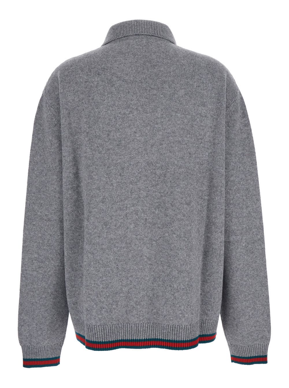 Gucci Grey Cardigan with Pointed Collar and Web Detailing on Edges in Wool and Cashmere Blend Woman Size S / US 4 / IT 40 - 2 Thumbnail