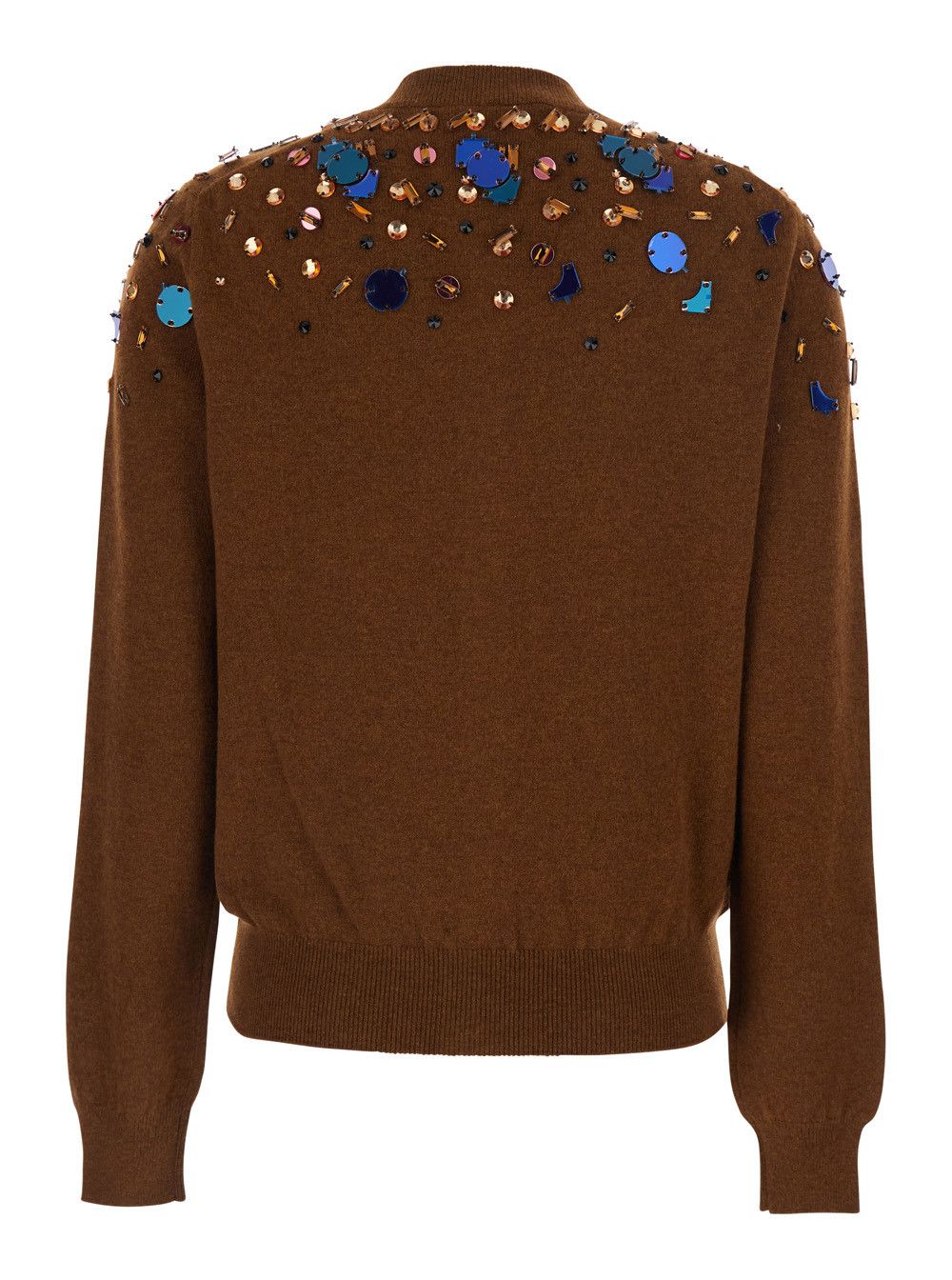 Fendi Brown Crewneck Cardigan with Rhinestone Embroidery in Wool and Cashmere Woman Size M / US 6-8 / IT 42-44 - 2 Thumbnail