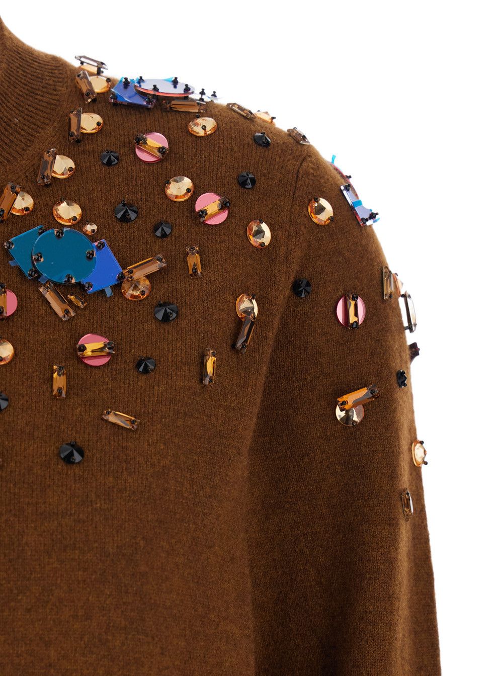 Fendi Brown Crewneck Cardigan with Rhinestone Embroidery in Wool and Cashmere Woman Size M / US 6-8 / IT 42-44 - 3 Thumbnail