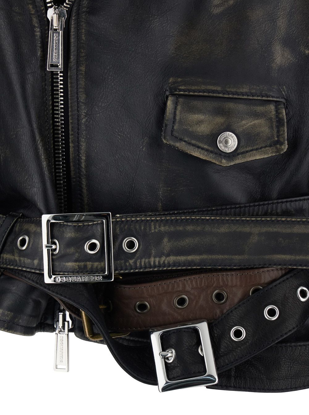 Dsquared2 'D2 x Magliano' Black Biker Jacket with Wide Classic Lapels and Logoed Belt at the Waist in Leather Man Size US M / EU 48-50 / 2 - 3 Thumbnail