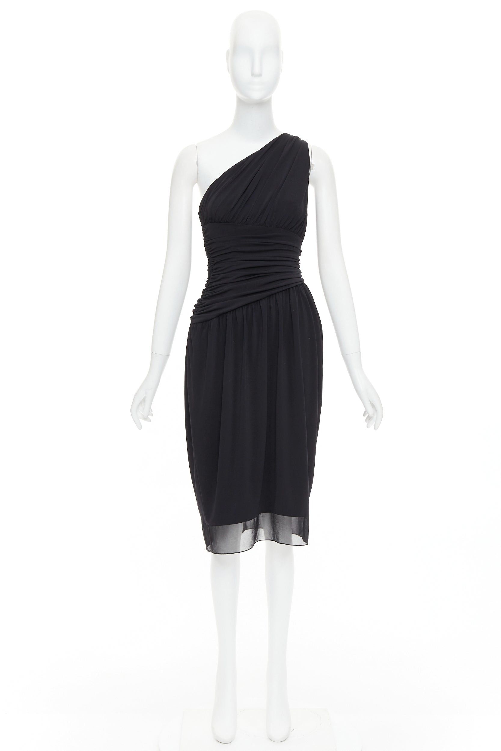 Vera Wang VERA WANG Vintage black one shoulder ruched waist silk lined dress US2 S Size S / US 4 / IT 40 - 9 Thumbnail