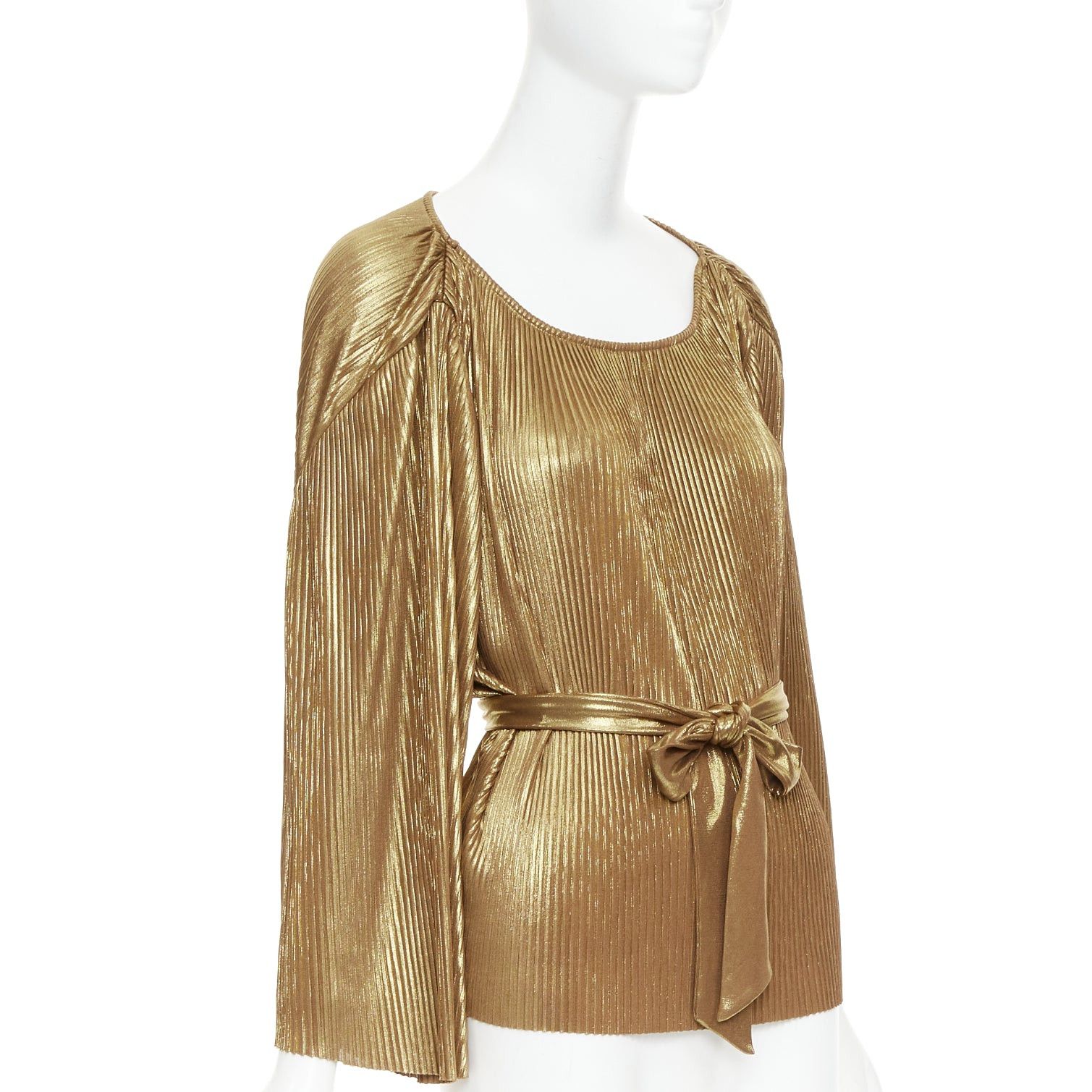 Halston Heritage HALSTON HERITAGE gold accordion pleated gathered shoulder tie goddess top US10 L Size L / US 10 / IT 46 - 3 Thumbnail