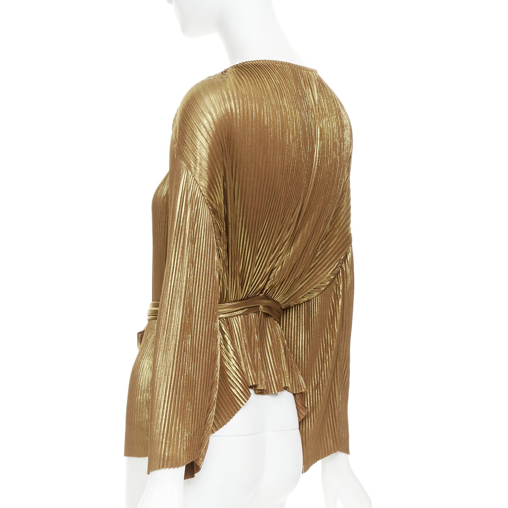 Halston Heritage HALSTON HERITAGE gold accordion pleated gathered shoulder tie goddess top US10 L Size L / US 10 / IT 46 - 6 Thumbnail