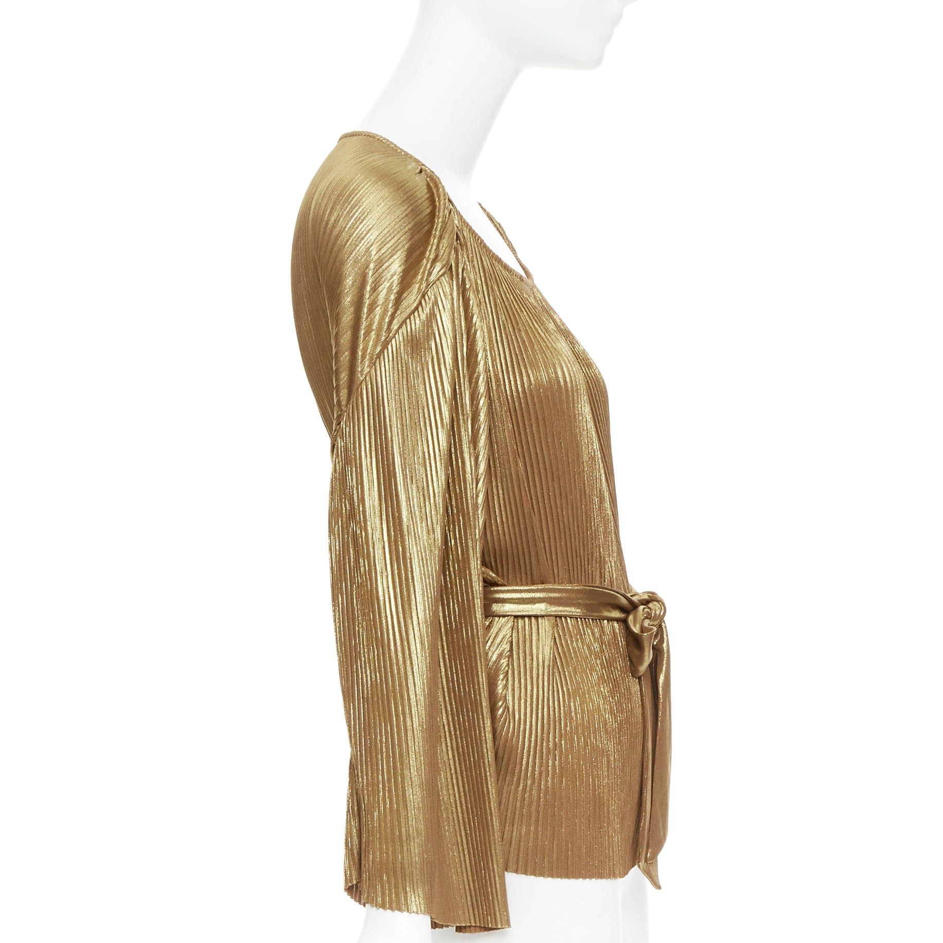 Halston Heritage HALSTON HERITAGE gold accordion pleated gathered shoulder tie goddess top US10 L Size L / US 10 / IT 46 - 4 Thumbnail