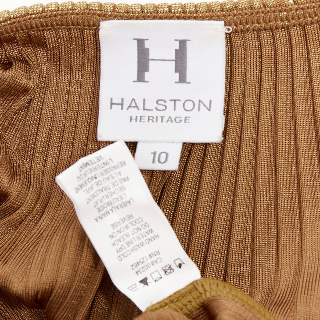 Halston Heritage HALSTON HERITAGE gold accordion pleated gathered shoulder tie goddess top US10 L Size L / US 10 / IT 46 - 8 Thumbnail