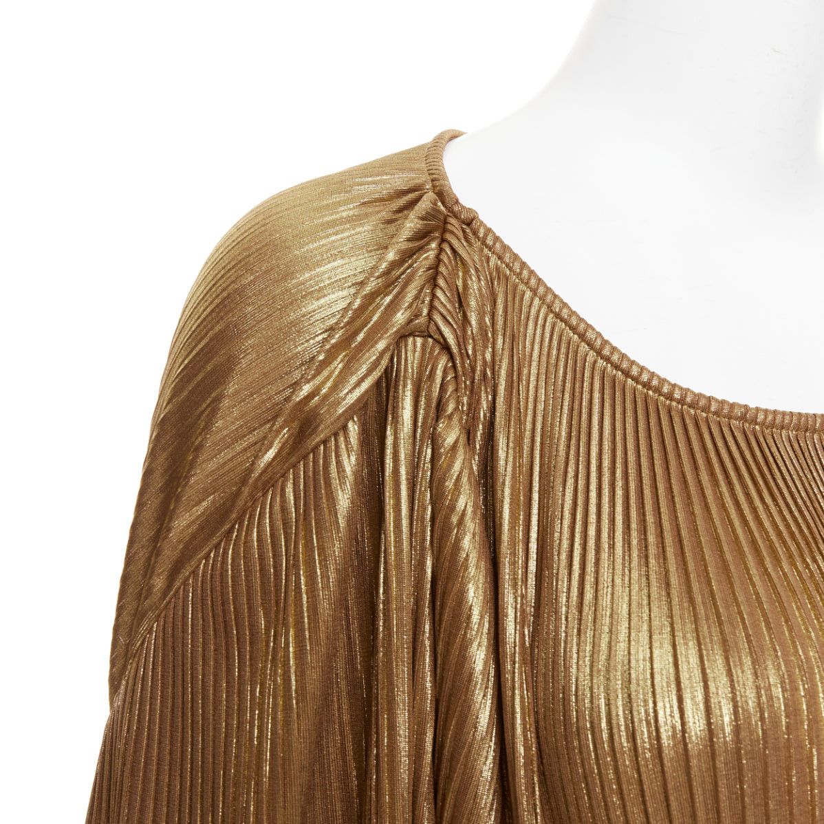 Halston Heritage HALSTON HERITAGE gold accordion pleated gathered shoulder tie goddess top US10 L Size L / US 10 / IT 46 - 7 Thumbnail