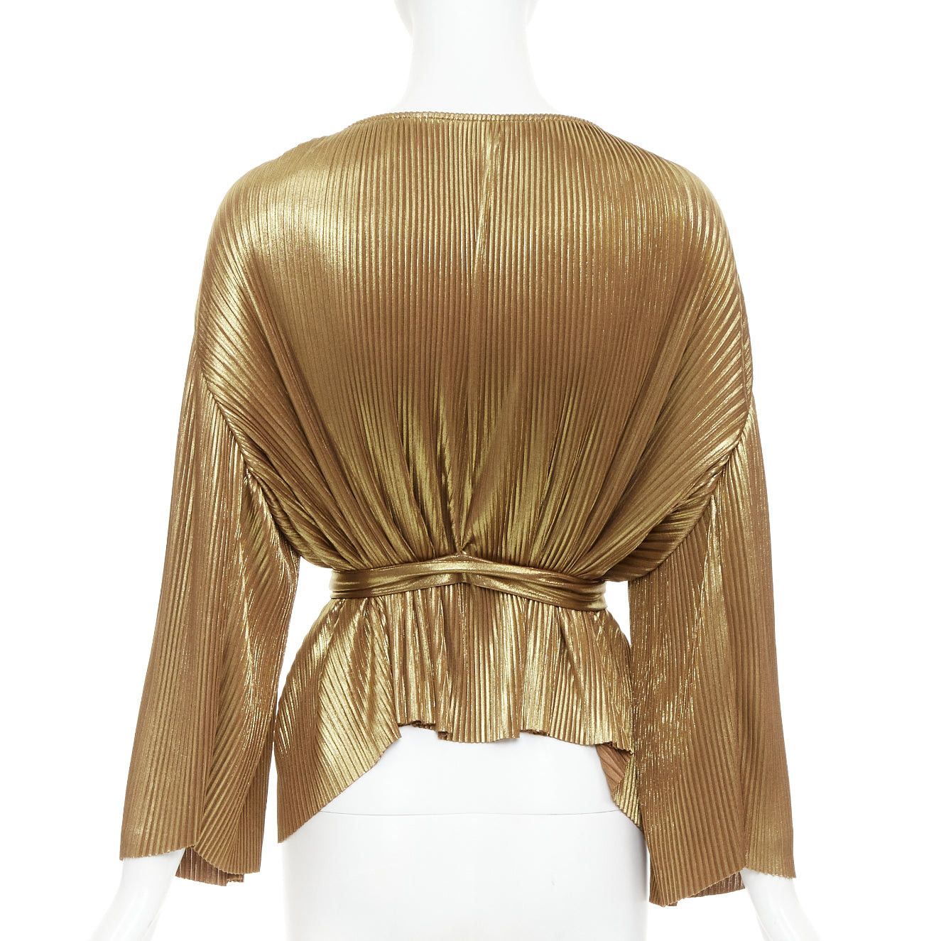 Halston Heritage HALSTON HERITAGE gold accordion pleated gathered shoulder tie goddess top US10 L Size L / US 10 / IT 46 - 5 Thumbnail