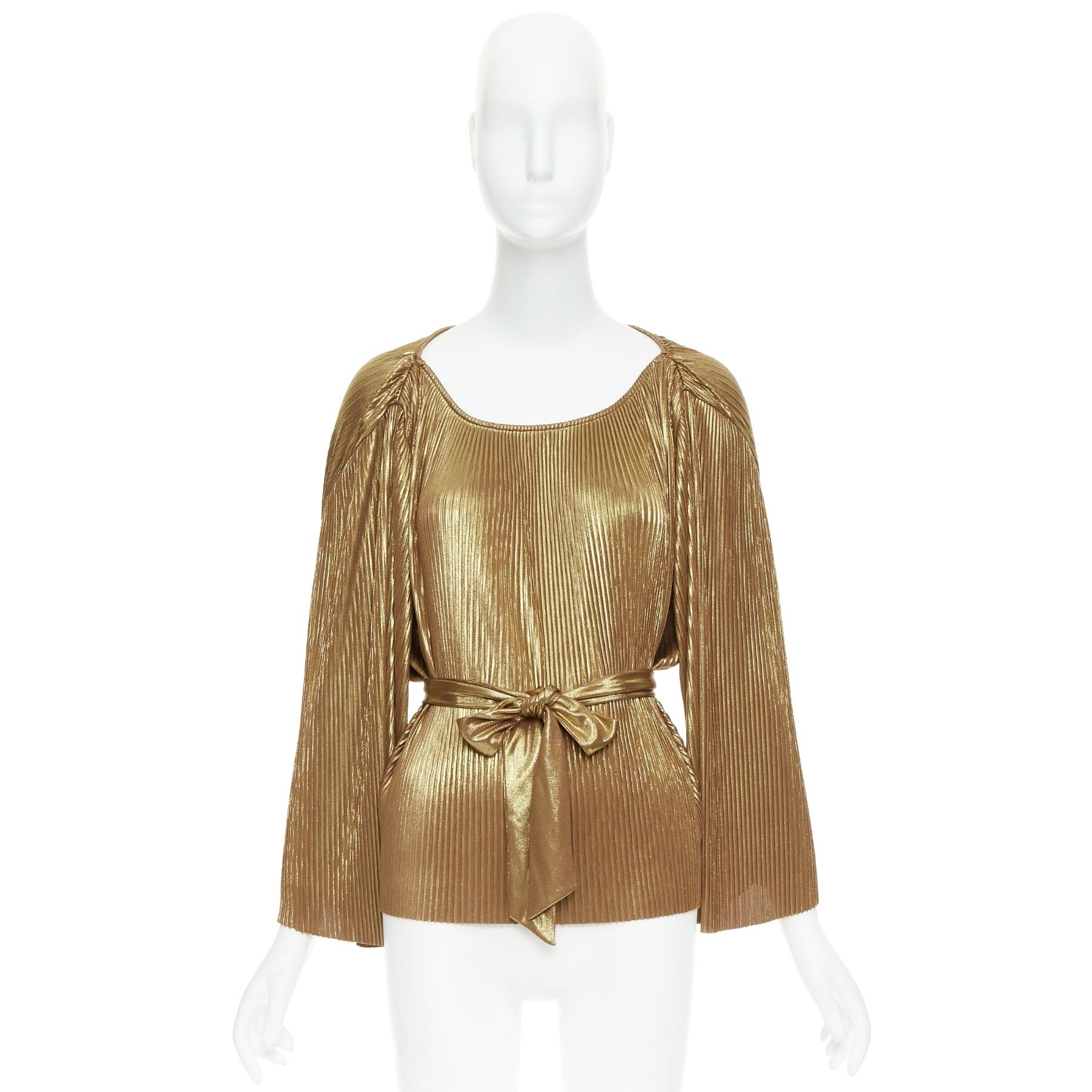 Halston Heritage HALSTON HERITAGE gold accordion pleated gathered shoulder tie goddess top US10 L Size L / US 10 / IT 46 - 9 Thumbnail