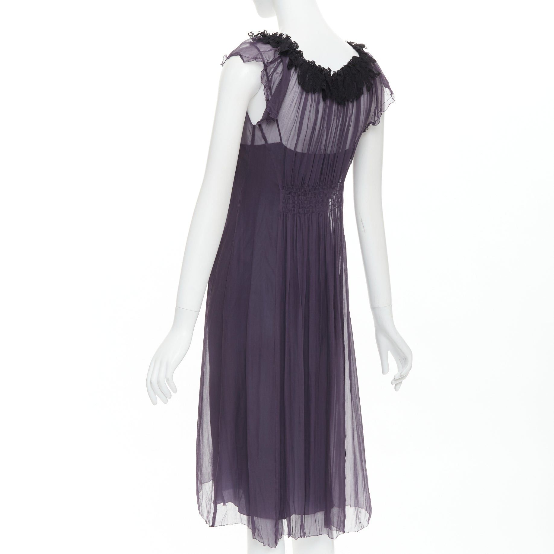 Lanvin LANVIN Vintage purple silk black lace trim ruched waist sheer dress FR38 M Size M / US 6-8 / IT 42-44 - 5 Thumbnail