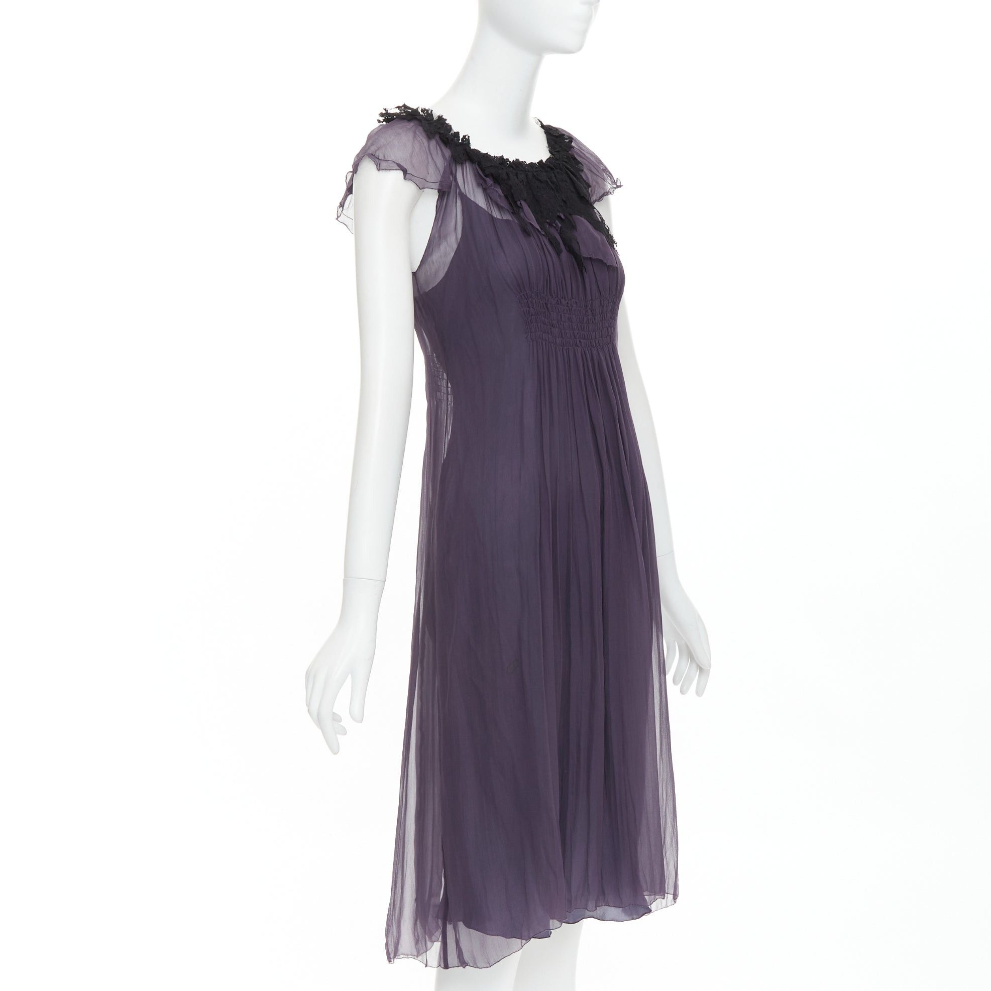 Lanvin LANVIN Vintage purple silk black lace trim ruched waist sheer dress FR38 M Size M / US 6-8 / IT 42-44 - 3 Thumbnail