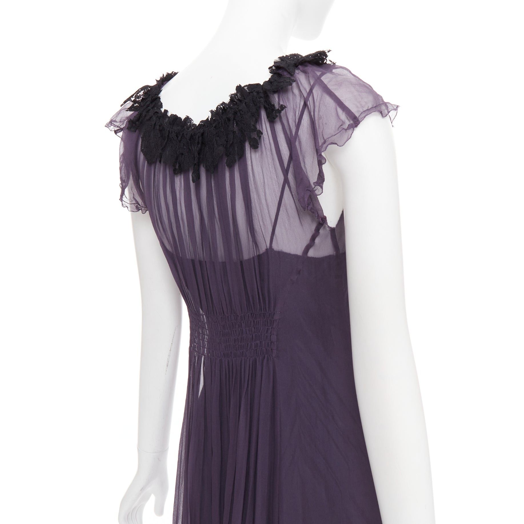 Lanvin LANVIN Vintage purple silk black lace trim ruched waist sheer dress FR38 M Size M / US 6-8 / IT 42-44 - 7 Thumbnail