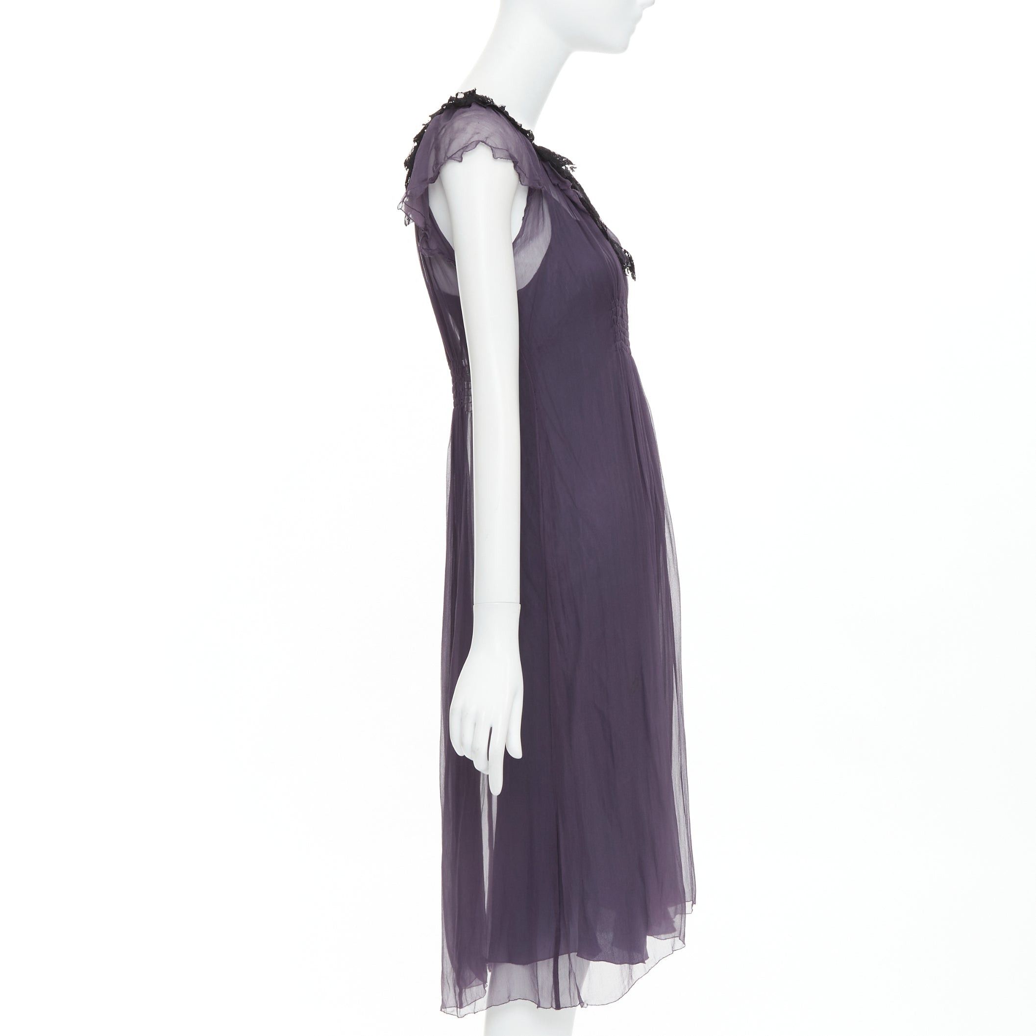 Lanvin LANVIN Vintage purple silk black lace trim ruched waist sheer dress FR38 M Size M / US 6-8 / IT 42-44 - 4 Thumbnail