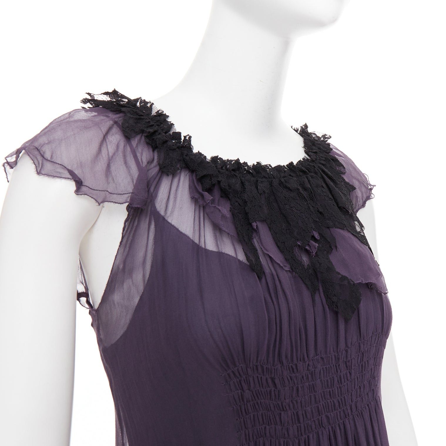 Lanvin LANVIN Vintage purple silk black lace trim ruched waist sheer dress FR38 M Size M / US 6-8 / IT 42-44 - 2 Thumbnail