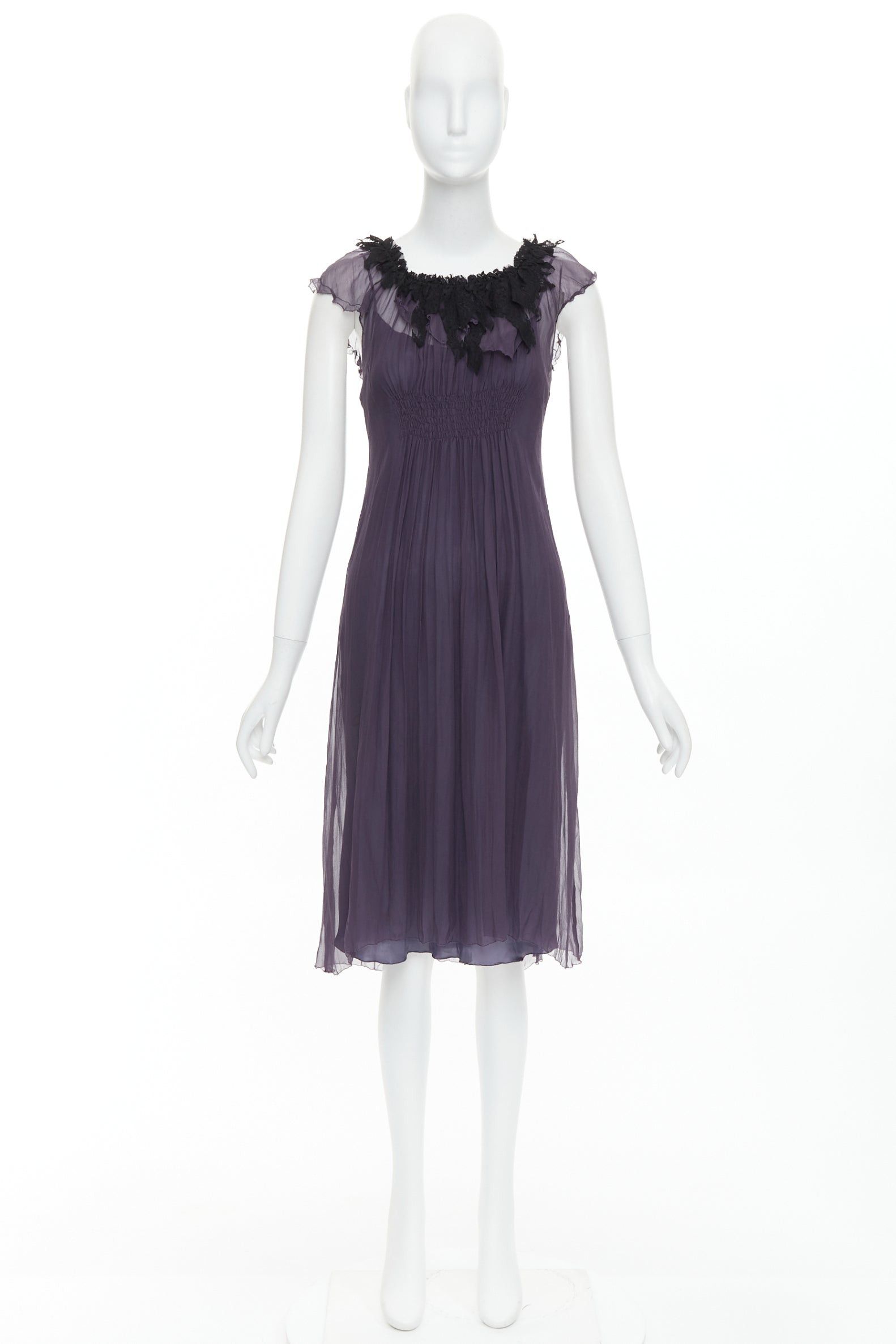 Lanvin LANVIN Vintage purple silk black lace trim ruched waist sheer dress FR38 M Size M / US 6-8 / IT 42-44 - 9 Thumbnail