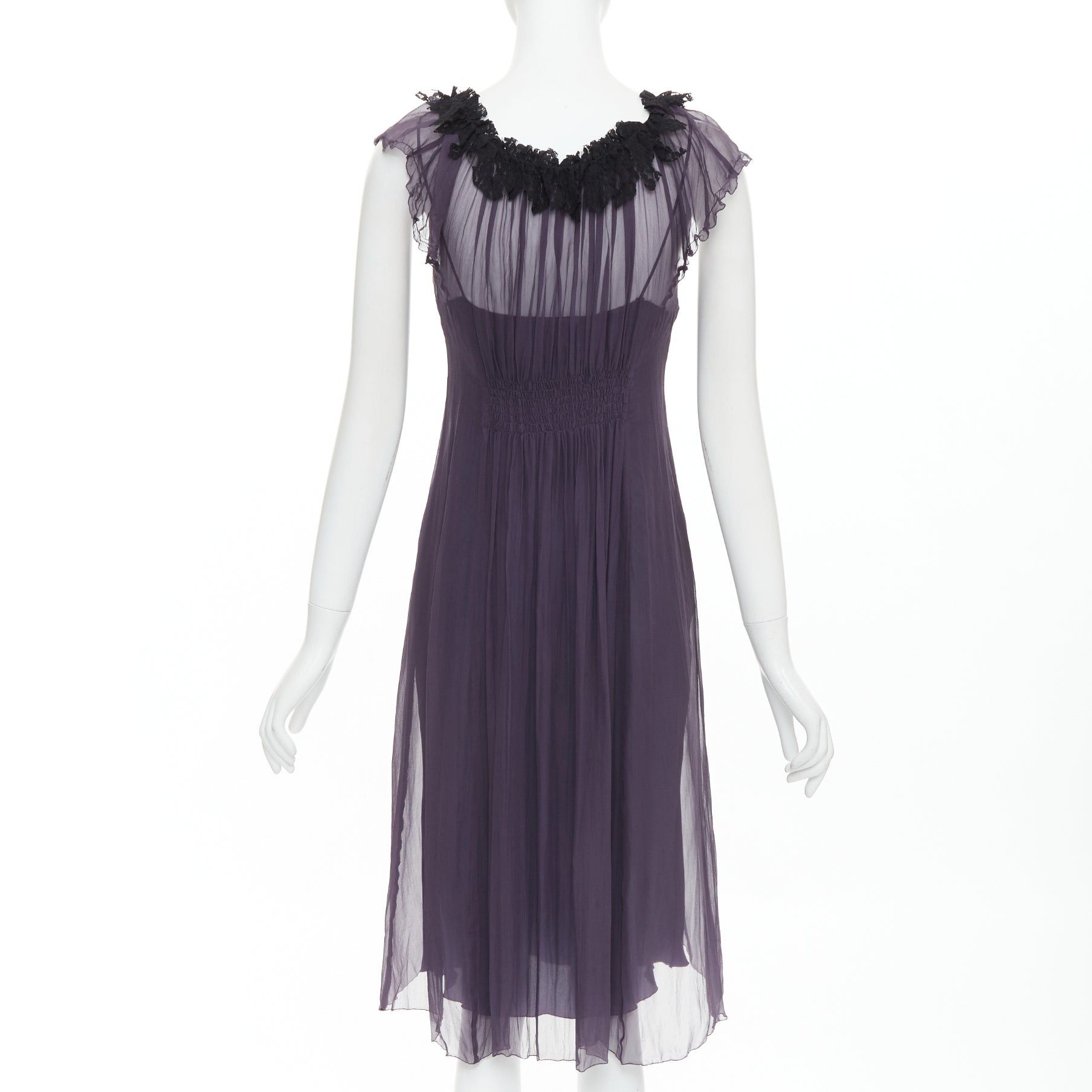 Lanvin LANVIN Vintage purple silk black lace trim ruched waist sheer dress FR38 M Size M / US 6-8 / IT 42-44 - 6 Thumbnail