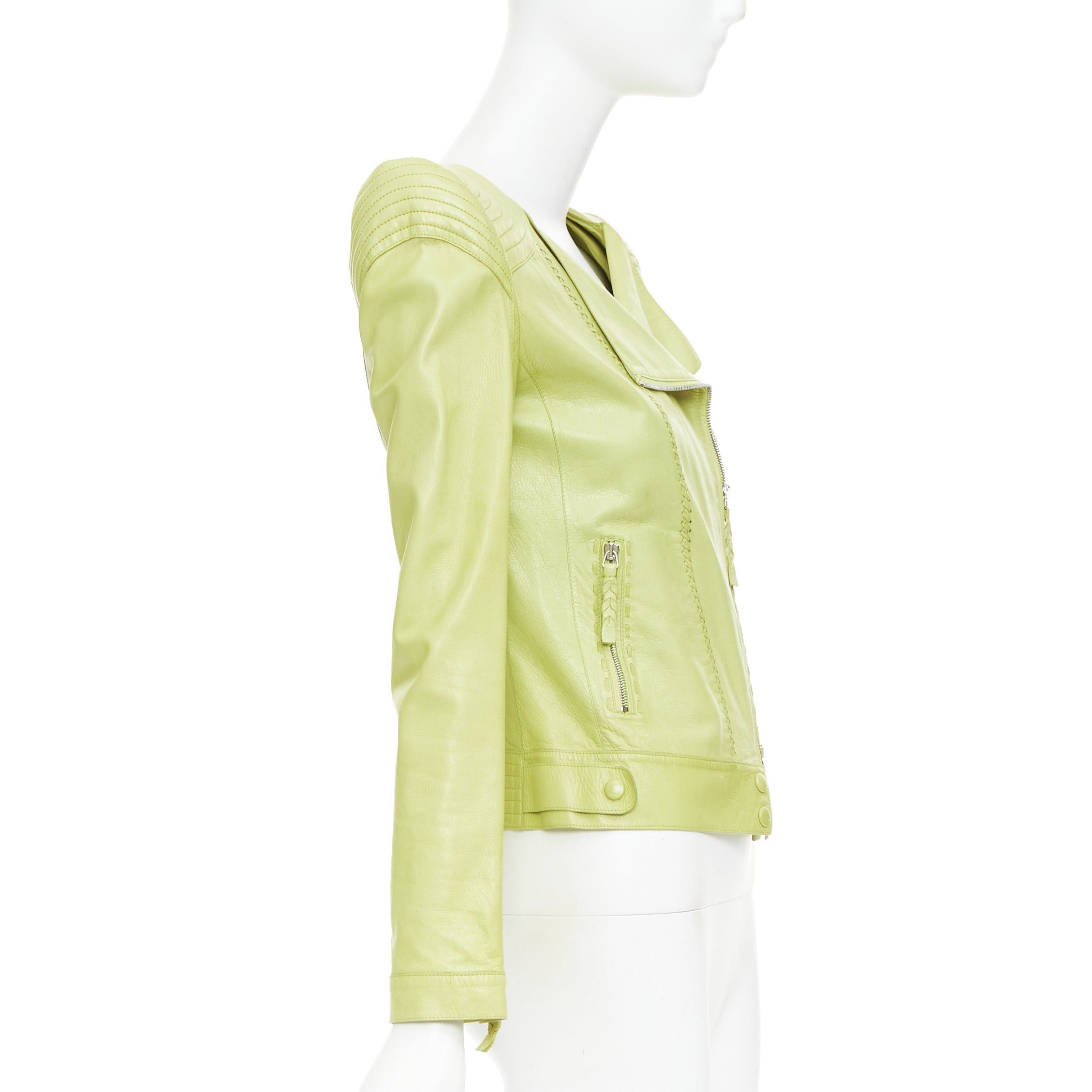 Roberto Cavalli ROBERTO CAVALLI lime green leather moto power shoulder biker jacket IT38 XS Size XS / US 0-2 / IT 36-38 - 5 Thumbnail