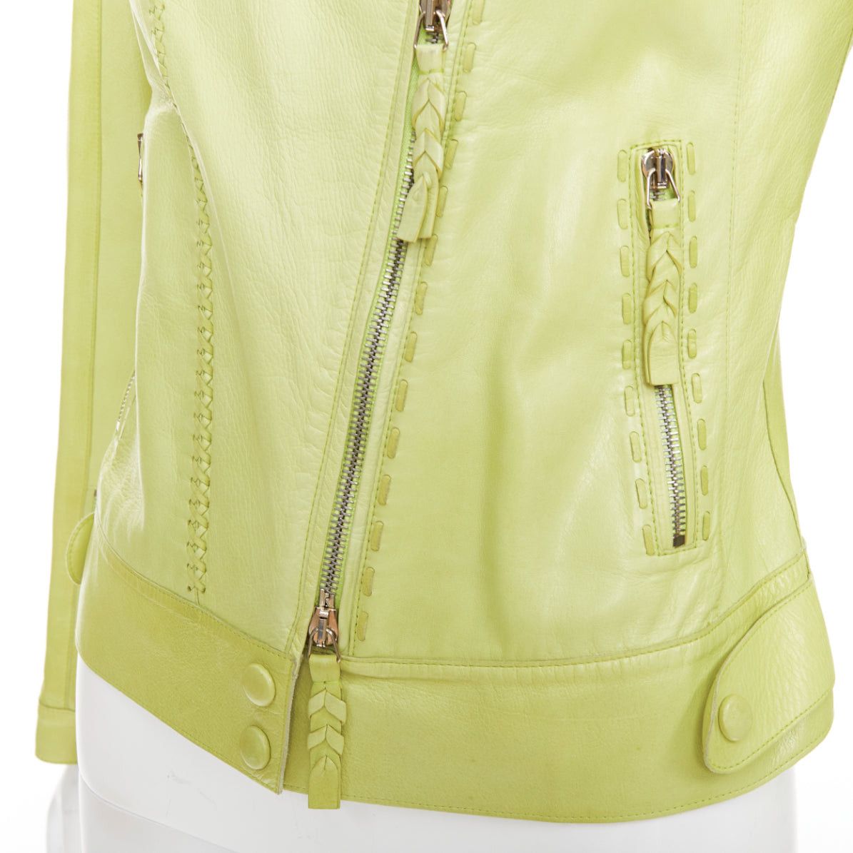 Roberto Cavalli ROBERTO CAVALLI lime green leather moto power shoulder biker jacket IT38 XS Size XS / US 0-2 / IT 36-38 - 2 Thumbnail