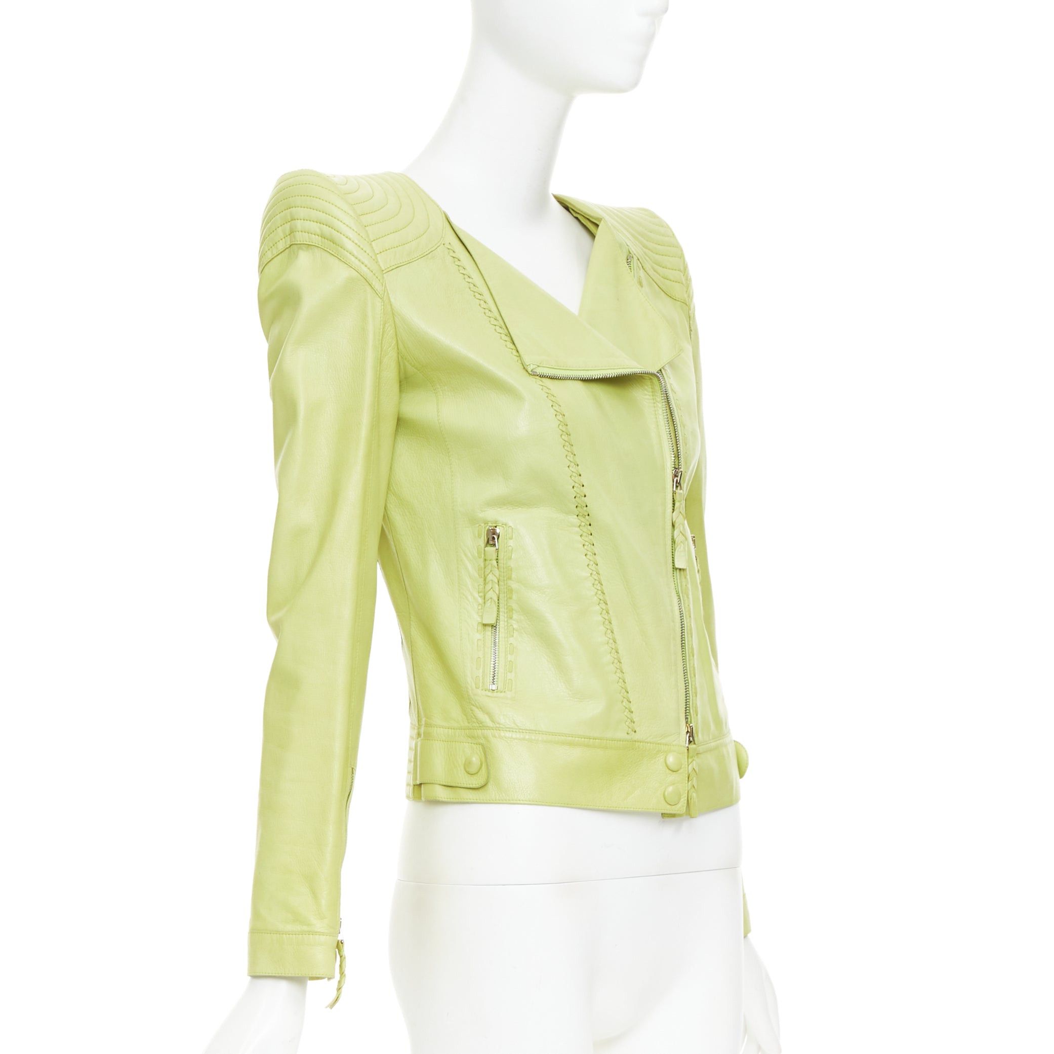 Roberto Cavalli ROBERTO CAVALLI lime green leather moto power shoulder biker jacket IT38 XS Size XS / US 0-2 / IT 36-38 - 4 Thumbnail
