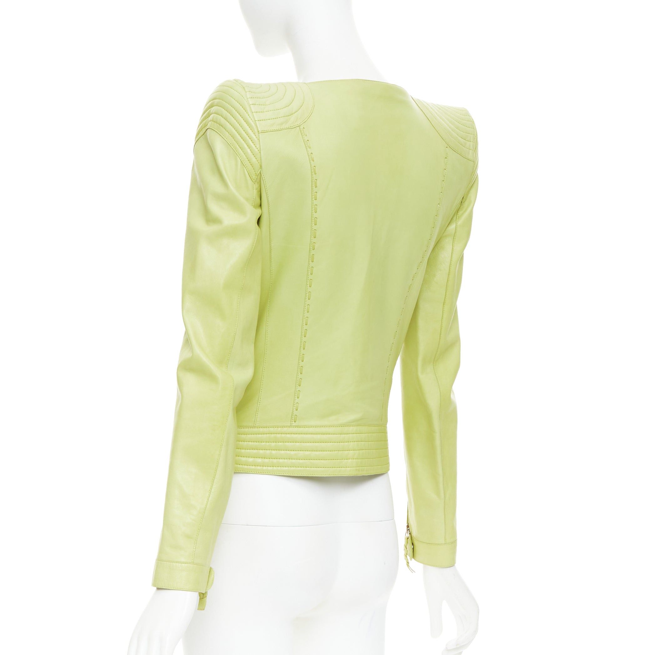 Roberto Cavalli ROBERTO CAVALLI lime green leather moto power shoulder biker jacket IT38 XS Size XS / US 0-2 / IT 36-38 - 7 Thumbnail