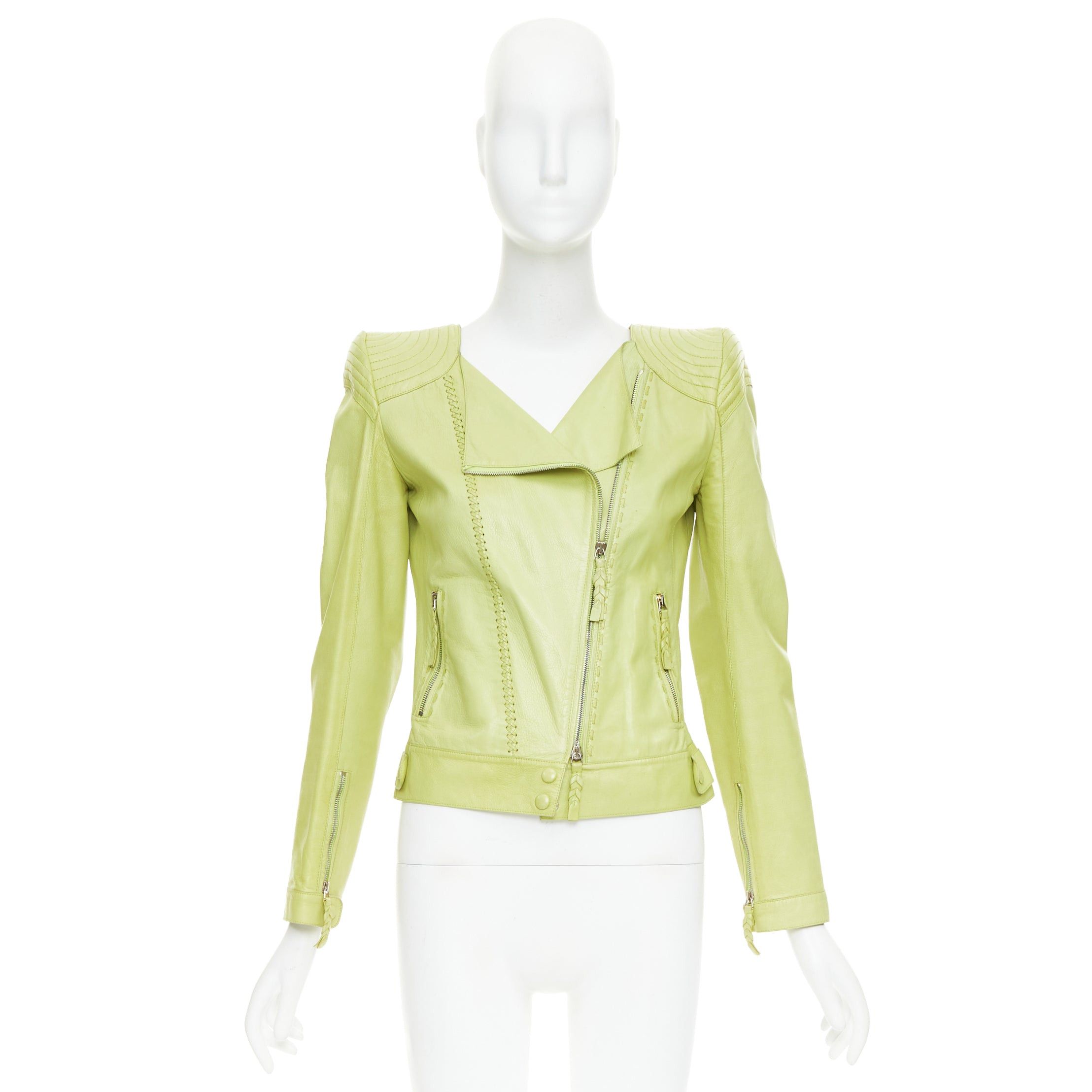 Roberto Cavalli ROBERTO CAVALLI lime green leather moto power shoulder biker jacket IT38 XS Size XS / US 0-2 / IT 36-38 - 10 Thumbnail