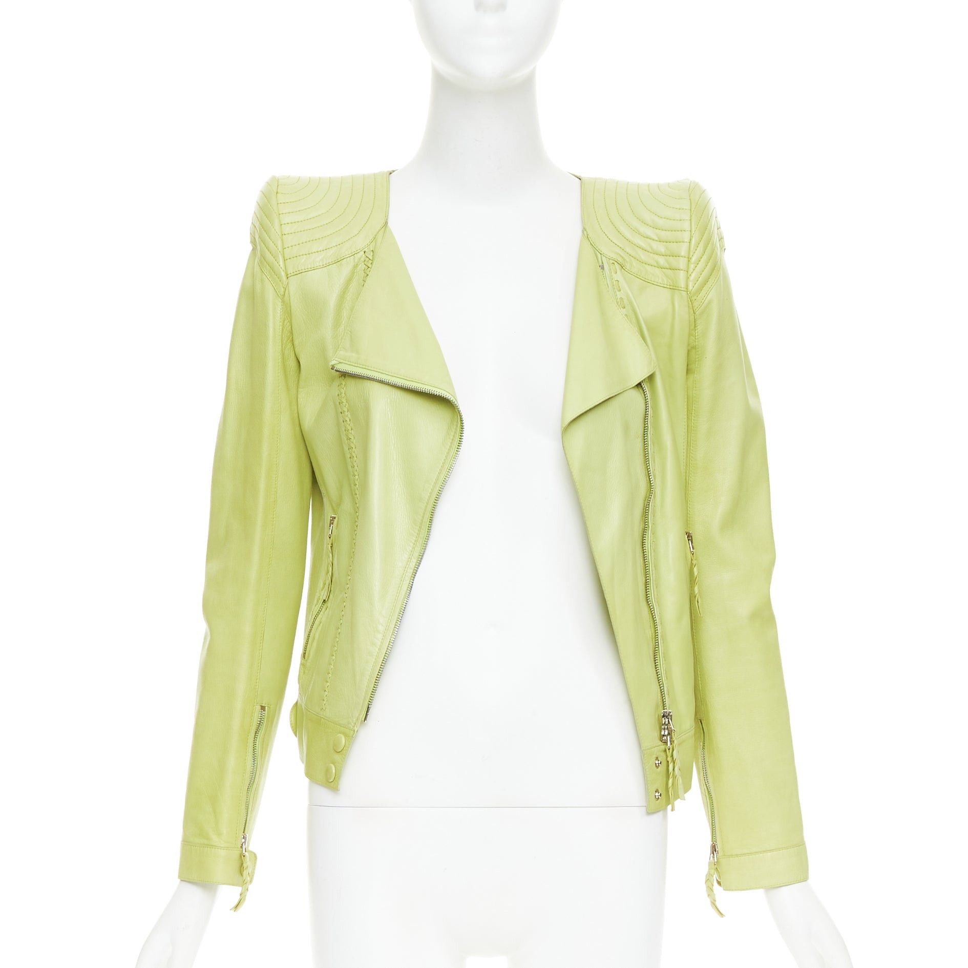 Roberto Cavalli ROBERTO CAVALLI lime green leather moto power shoulder biker jacket IT38 XS Size XS / US 0-2 / IT 36-38 - 3 Thumbnail