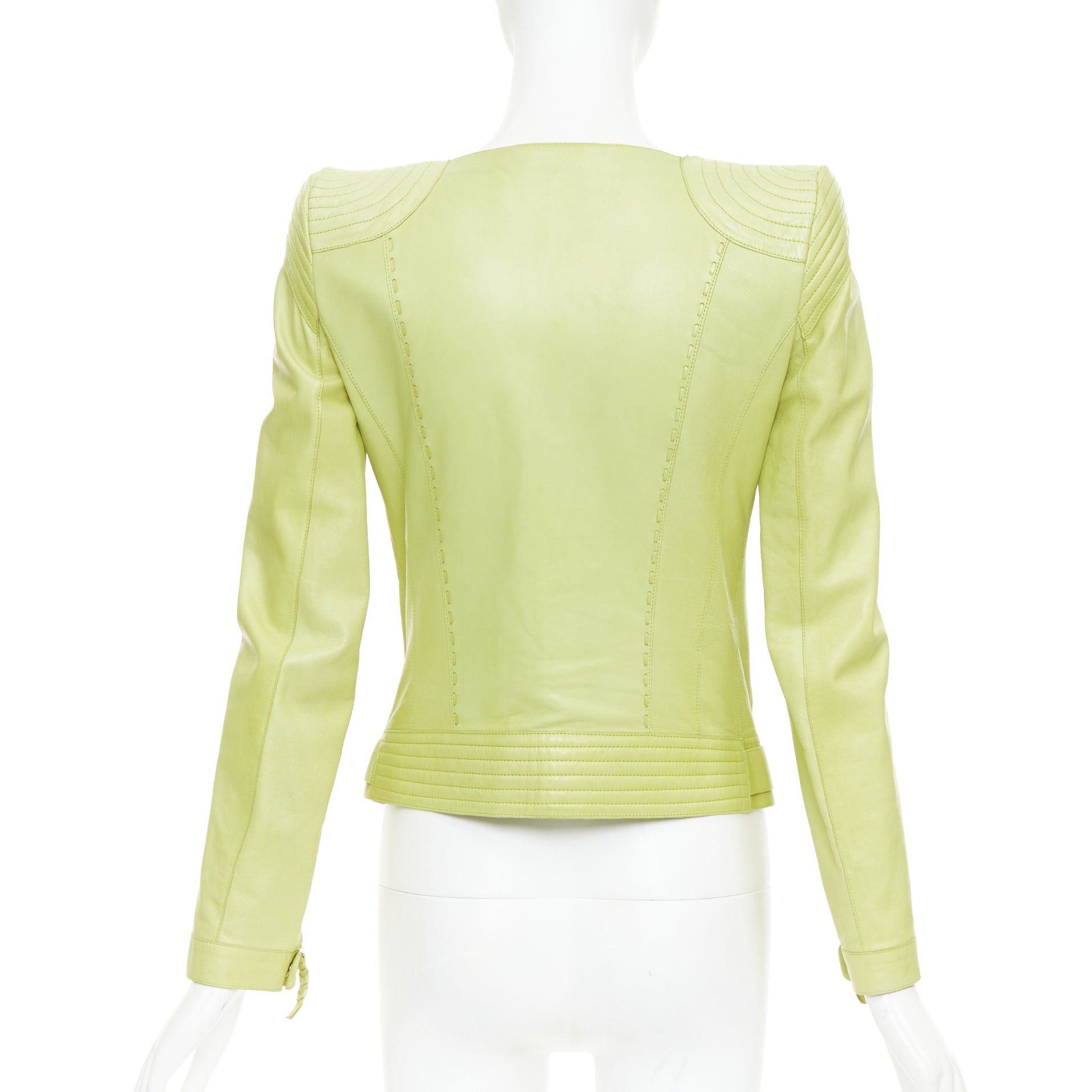 Roberto Cavalli ROBERTO CAVALLI lime green leather moto power shoulder biker jacket IT38 XS Size XS / US 0-2 / IT 36-38 - 6 Thumbnail