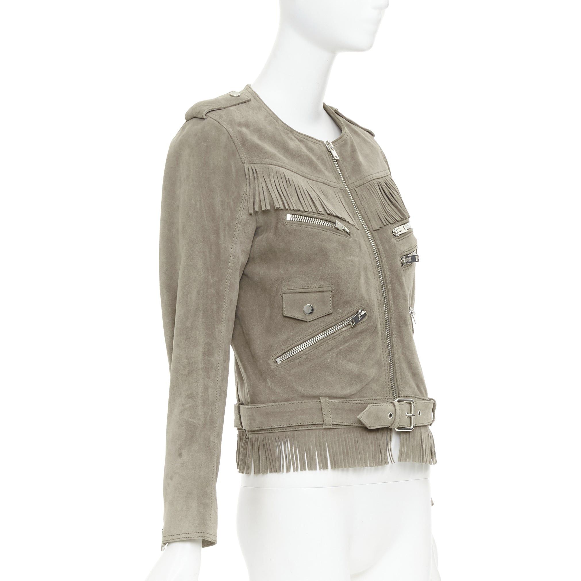 The Kooples THE KOOPLES taupe cow suede leather western fringe belted biker jacket M Size M / US 6-8 / IT 42-44 - 4 Thumbnail