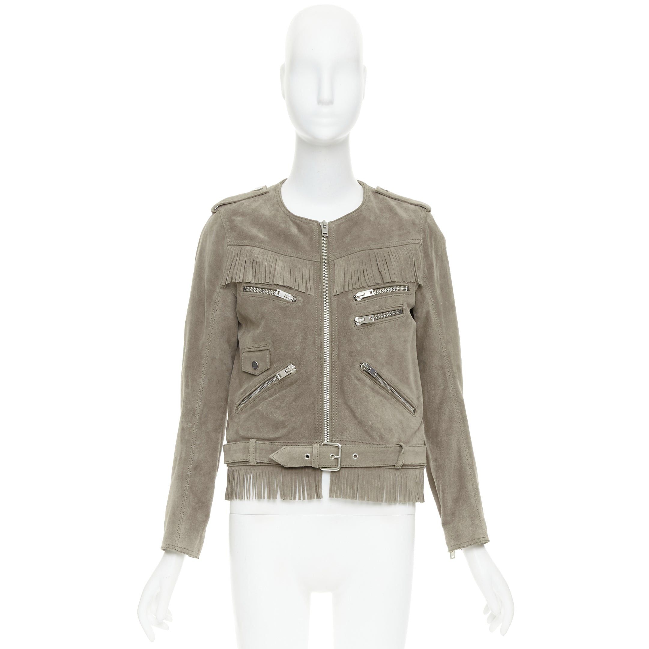 The Kooples THE KOOPLES taupe cow suede leather western fringe belted biker jacket M Size M / US 6-8 / IT 42-44 - 10 Thumbnail