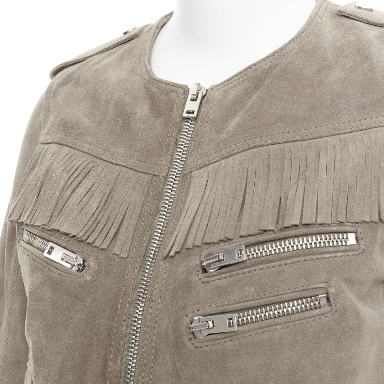 The Kooples THE KOOPLES taupe cow suede leather western fringe belted biker jacket M Size M / US 6-8 / IT 42-44 - 8 Thumbnail